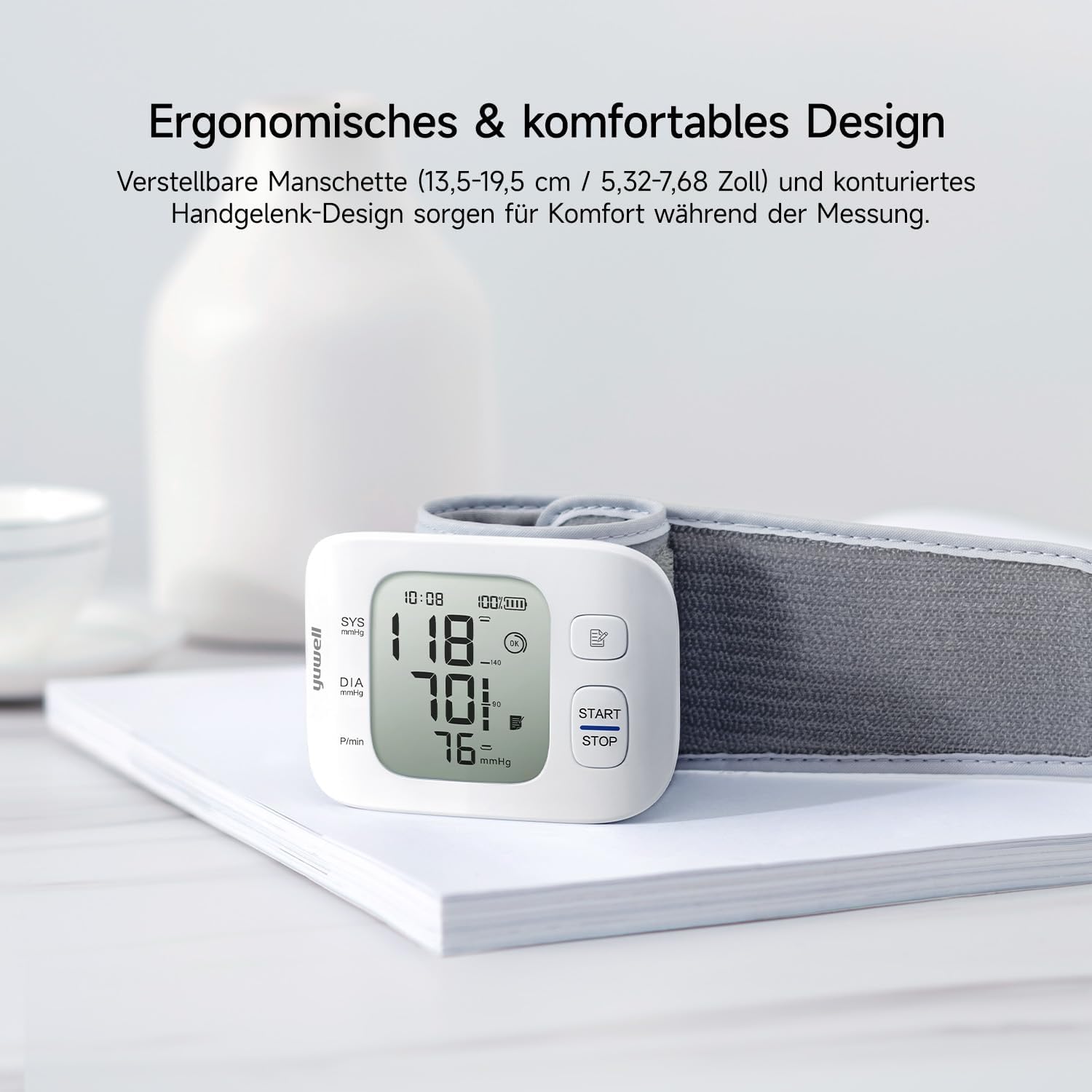 yuwell Wiederaufladbares Handgelenk-Blutdruckmessgerät für den Heimgebrauch, große Blutdruckmanschette, Blutdruckmessgerät mit unregelmäßigem Herzschlag, inklusive Reiseetui und USB-Kabel (YE8800CR) – Bild 4