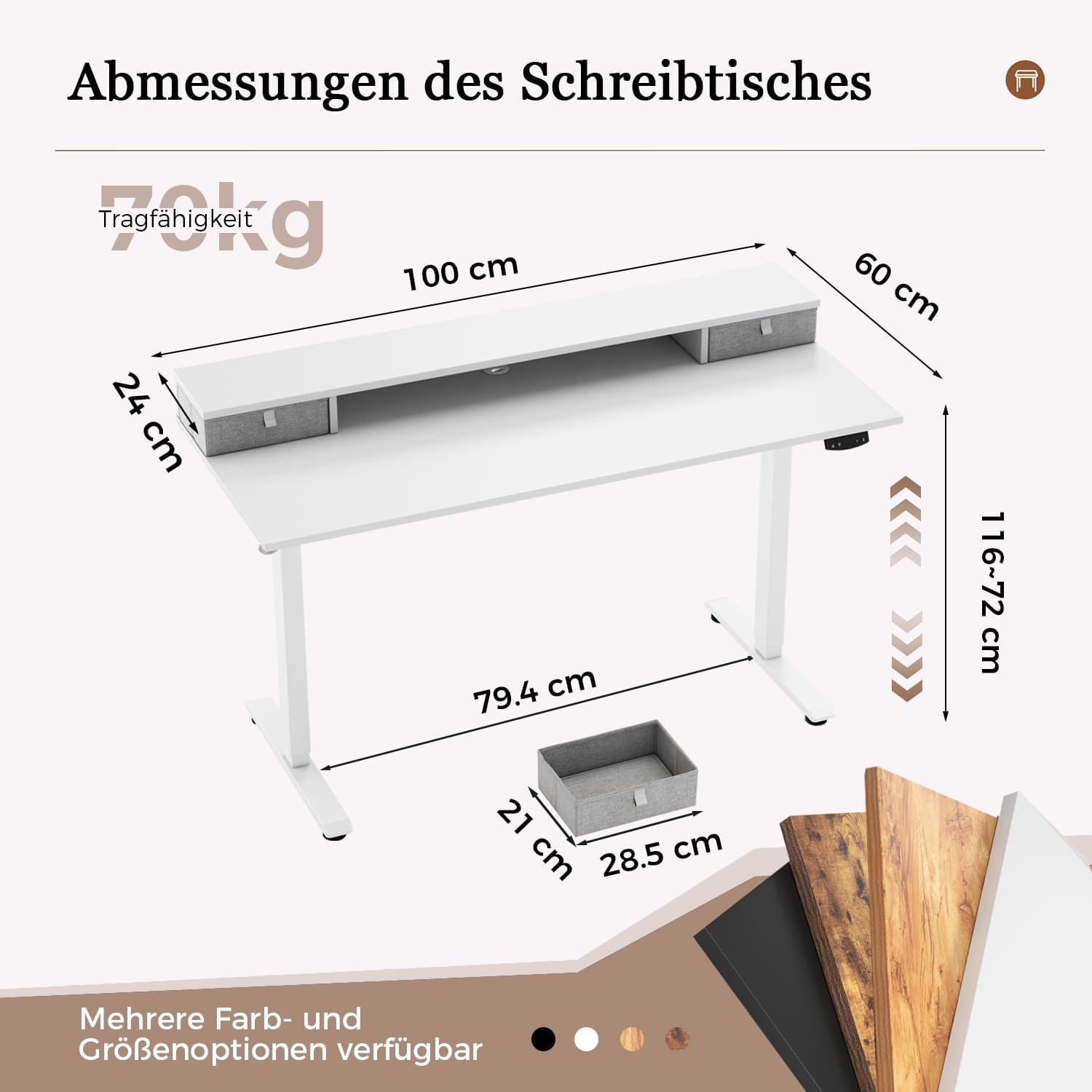 Klicelor Höhenverstellbarer Schreibtisch mit Doppelschubladen, elektrisch höhenverstellbarer Schreibtisch, Sitz-Steh-Computertisch, ergonomischer Stehschreibtisch, 100 x 60 cm, weiß – Bild 2