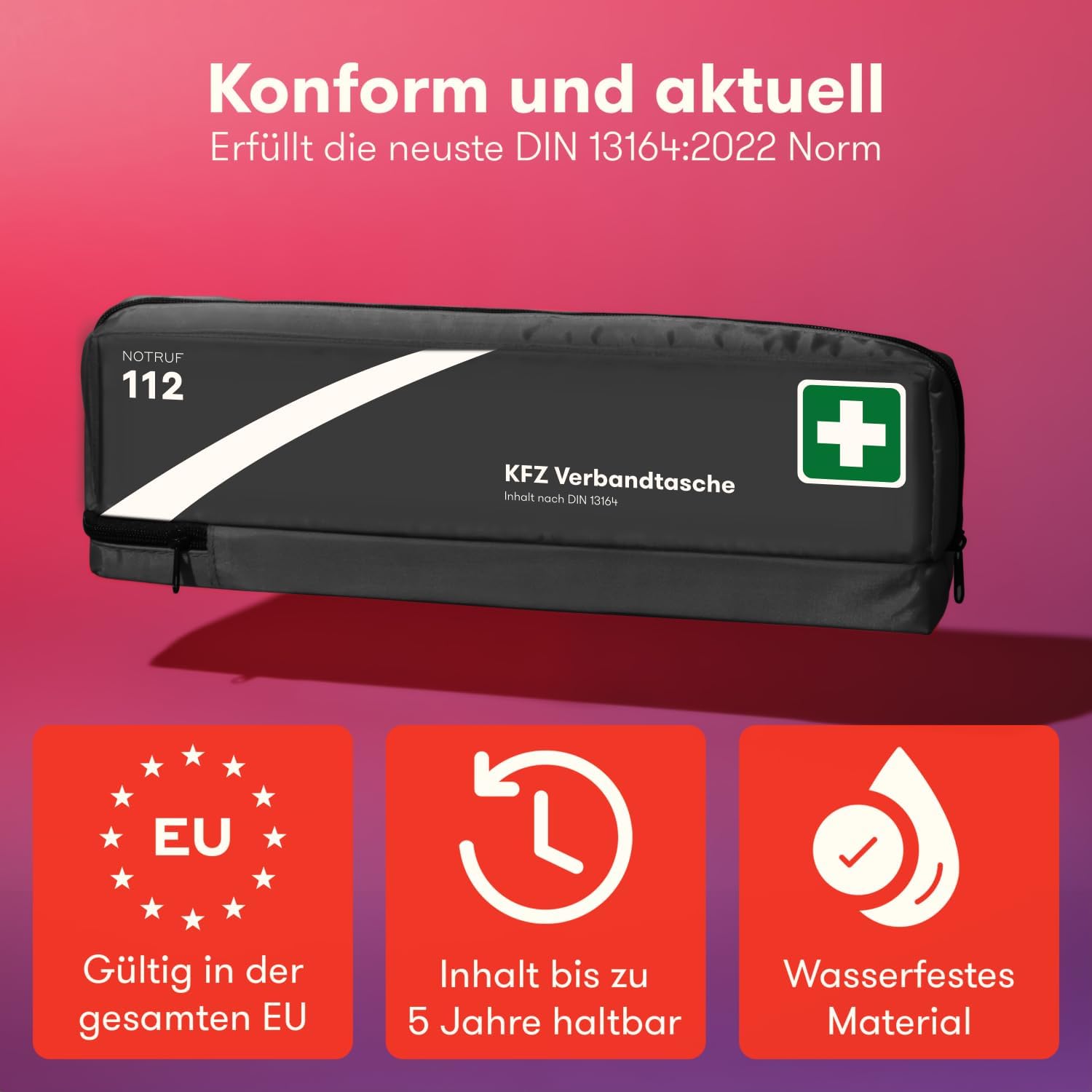 PURAHELP Kfz-Verbandskasten Kombitasche schwarz inkl. Warndreieck & Warnweste (DIN 13164) – Kfz-Verbandskasten mit Verbandstasche – StVO konform ab 2025 – Kfz-Verbandskasten – Bild 2