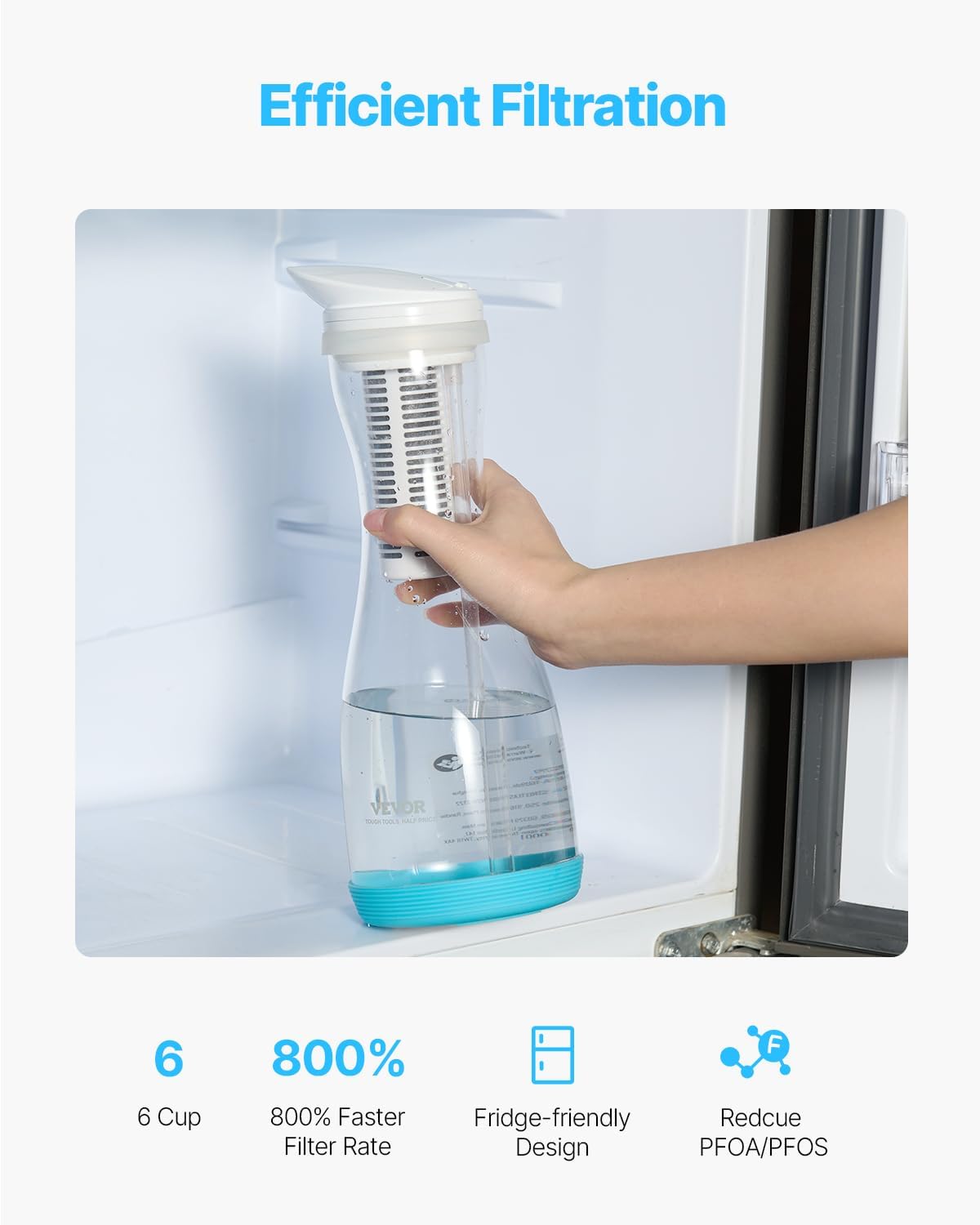 VEVOR Wasserfilterkanne, Wasserfilterkanne, 6 Tassen, Glas, Wasserfilterspender, kühlschrankfreundliches Wasserfiltersystem, kein BPA, hält 3 Monate / 800 l, reduziert Chlor- und Rostgerüche, PFOA/PFOS – Bild 4