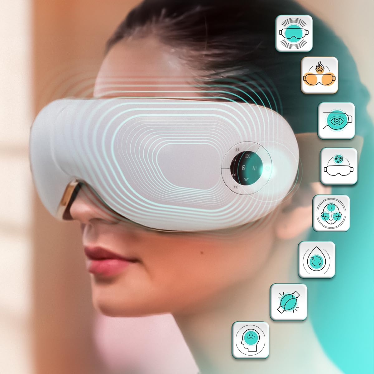 GLOBAL RELAX Skandas Gesichts- und Augenmassagegerät, faltbare Brille mit Vibrationsmassage, Pressotherapie, Wärme, Musik, Concealer für Augenringe, integrierte Lautsprecher – Bild 2