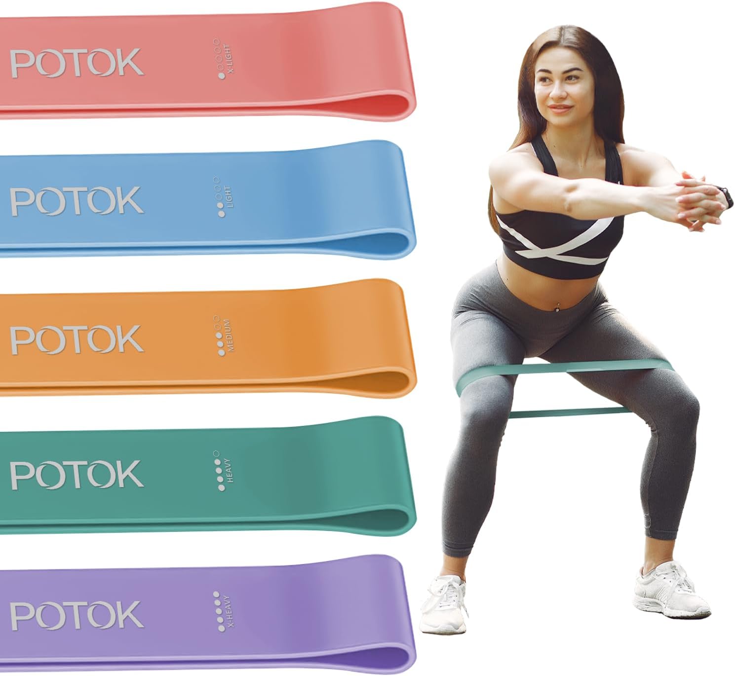 Fitnessbänder 5er Set, Potok Widerstandsbänder in 5 Stärken, Fitnessband aus Naturlatex, Gymnastikband, Widerstandsbänder mit Tragetasche für Muskelaufbau, Pilates, Yoga