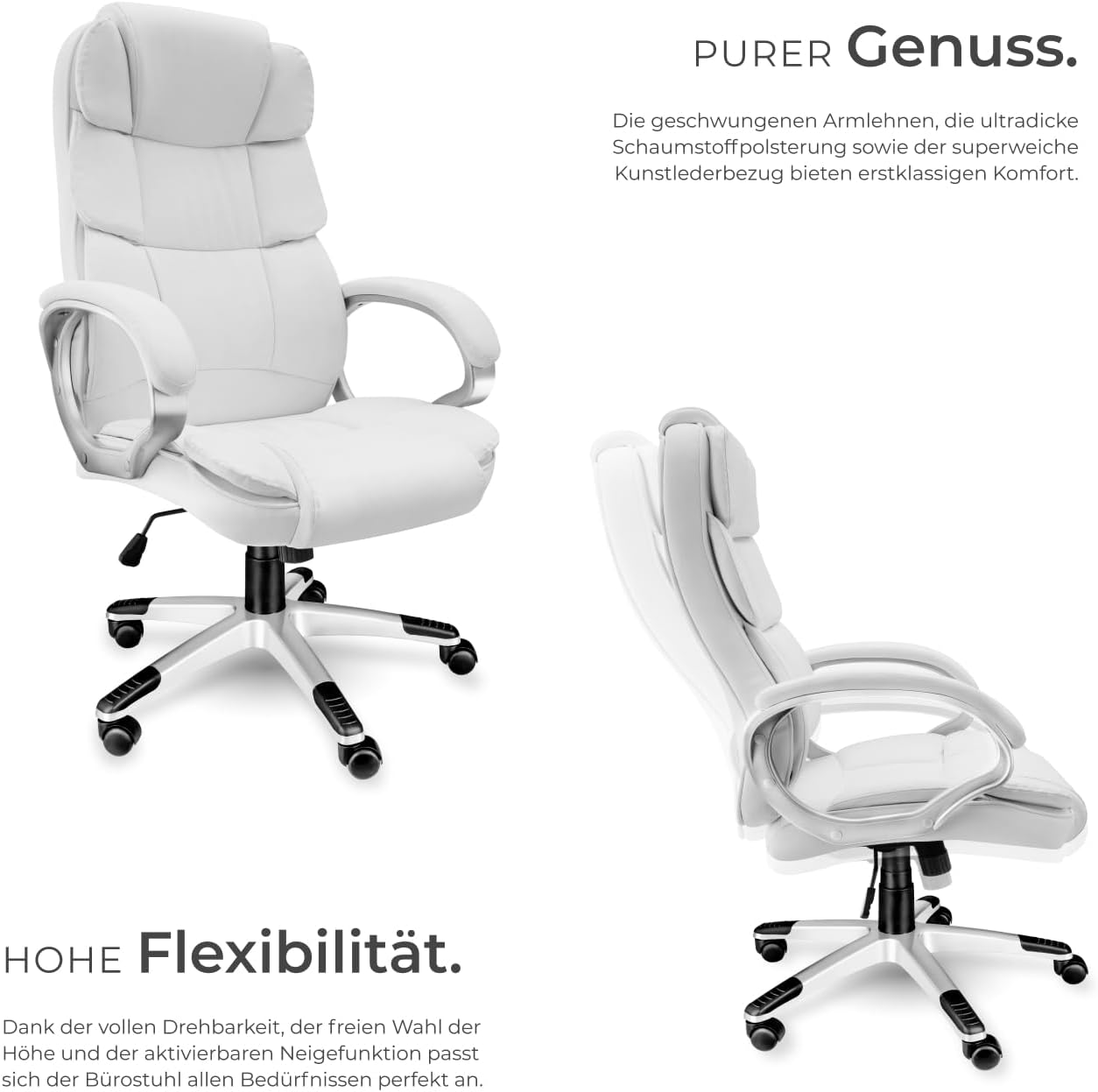 tectake Chefbürostuhl mit 12 cm Polsterung, Schreibtischstuhl mit Armlehnen und Wippfunktion, ergonomischer Bürostuhl höhenverstellbar, PC-Stuhl, Drehstuhl mit Rollen in Lederoptik – Weiß – Bild 4