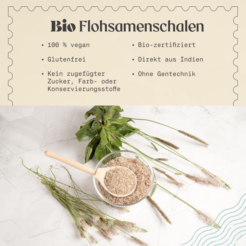 Bio-Flohsamenschalen (99 % Reinheit) 200 g. Bio-Flohsamenschalen. 100 % indisch, natürlich und rein. Ballaststoffreich und vegan, zur Aufnahme in Wasser, Getränken oder Säften. NaturaleBio – Bild 2