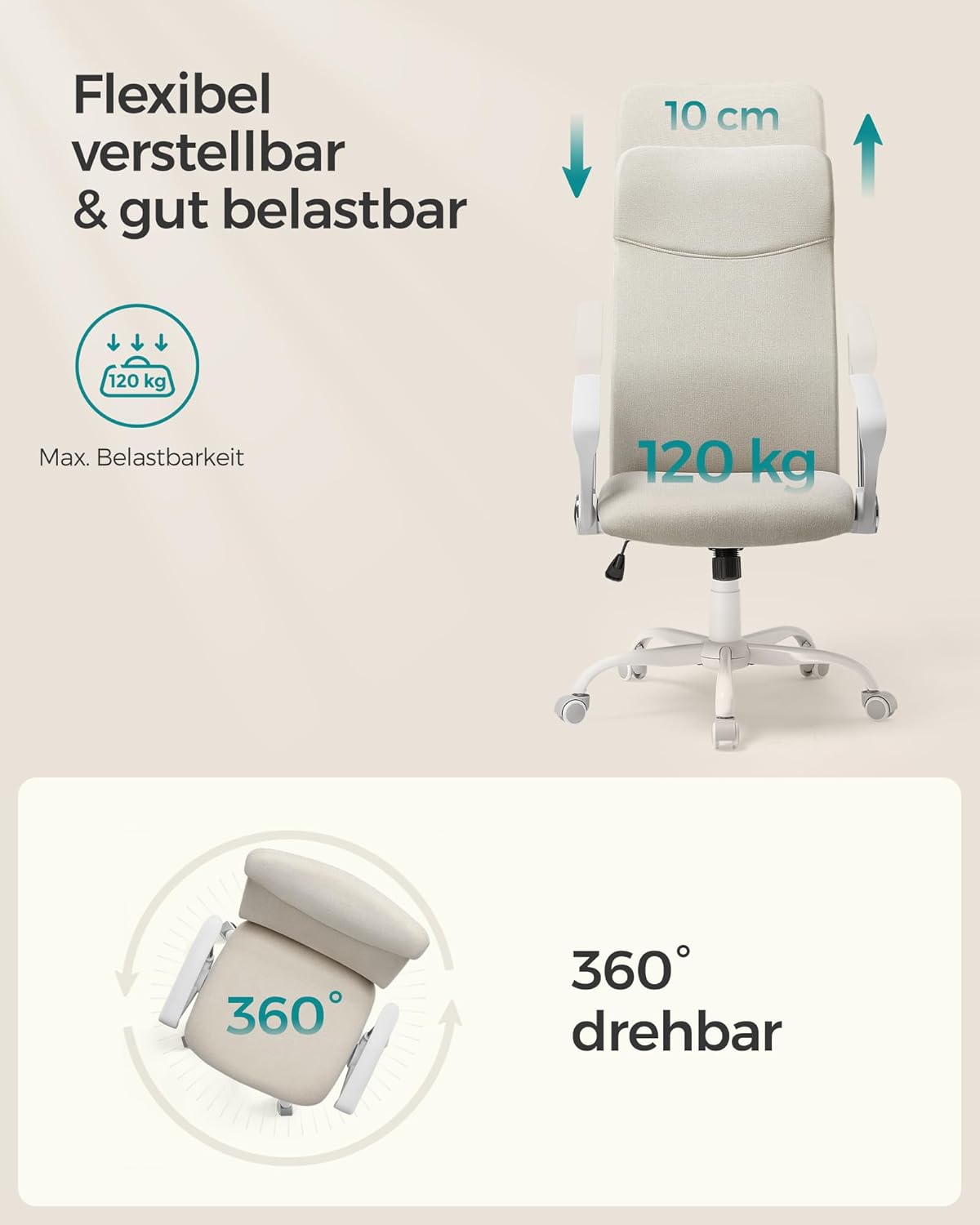 SONGMICS OBN034K01 Bürostuhl, ergonomischer Schreibtischstuhl, Drehstuhl, gepolsterte Sitzfläche, höhenverstellbar und neigbar, maximale Belastung 120 kg, Cappuccino-Beige – Bild 7
