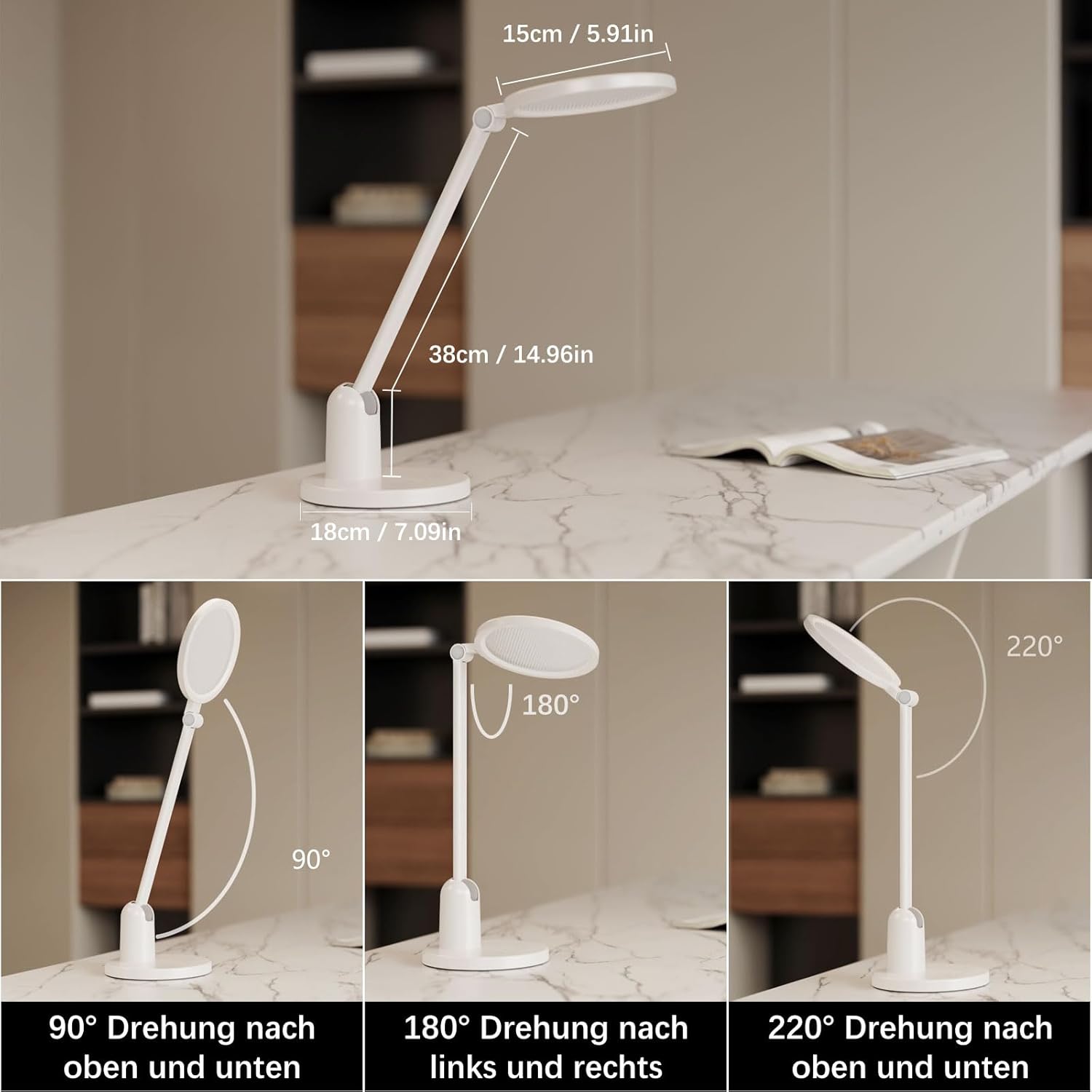 Schreibtischlampe LED dimmbar, 1000 lm, ultrahelle Tischlampe, 3 Farbmodi, 7 Helligkeiten, Schreibtischlampe mit Touch-Steuerung, Memory-Funktion, Leselampe, drehbare Nachttischlampe für Büro, Arbeit, Nachttisch – Bild 4