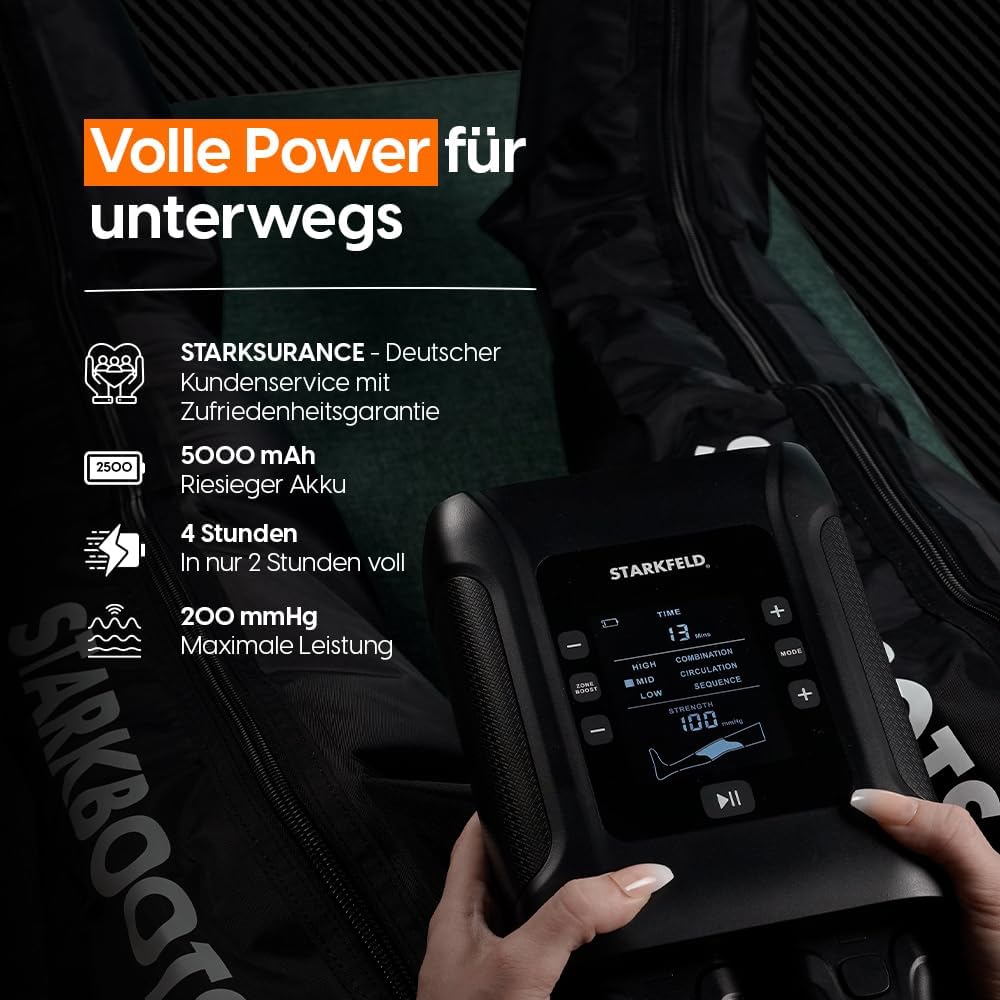 STARKBOOTS® V2 – Lymphdrainage- und Wiederherstellungssystem | Gegen schwere Beine & Schmerzen | 4h Akku kabellos | 40-200 mmHg | Erweiterbar mit starken Hüften und starken Ärmeln | Größe M – Bild 8