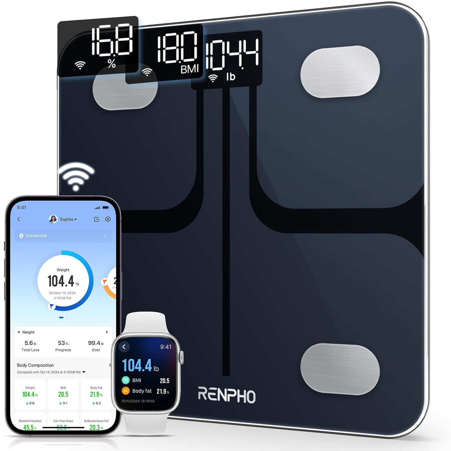 Renpho Wi-Fi Smart Digitaler Körperfettmaßstab mit Smartphone-App und Körperzusammensetzungsanalyse