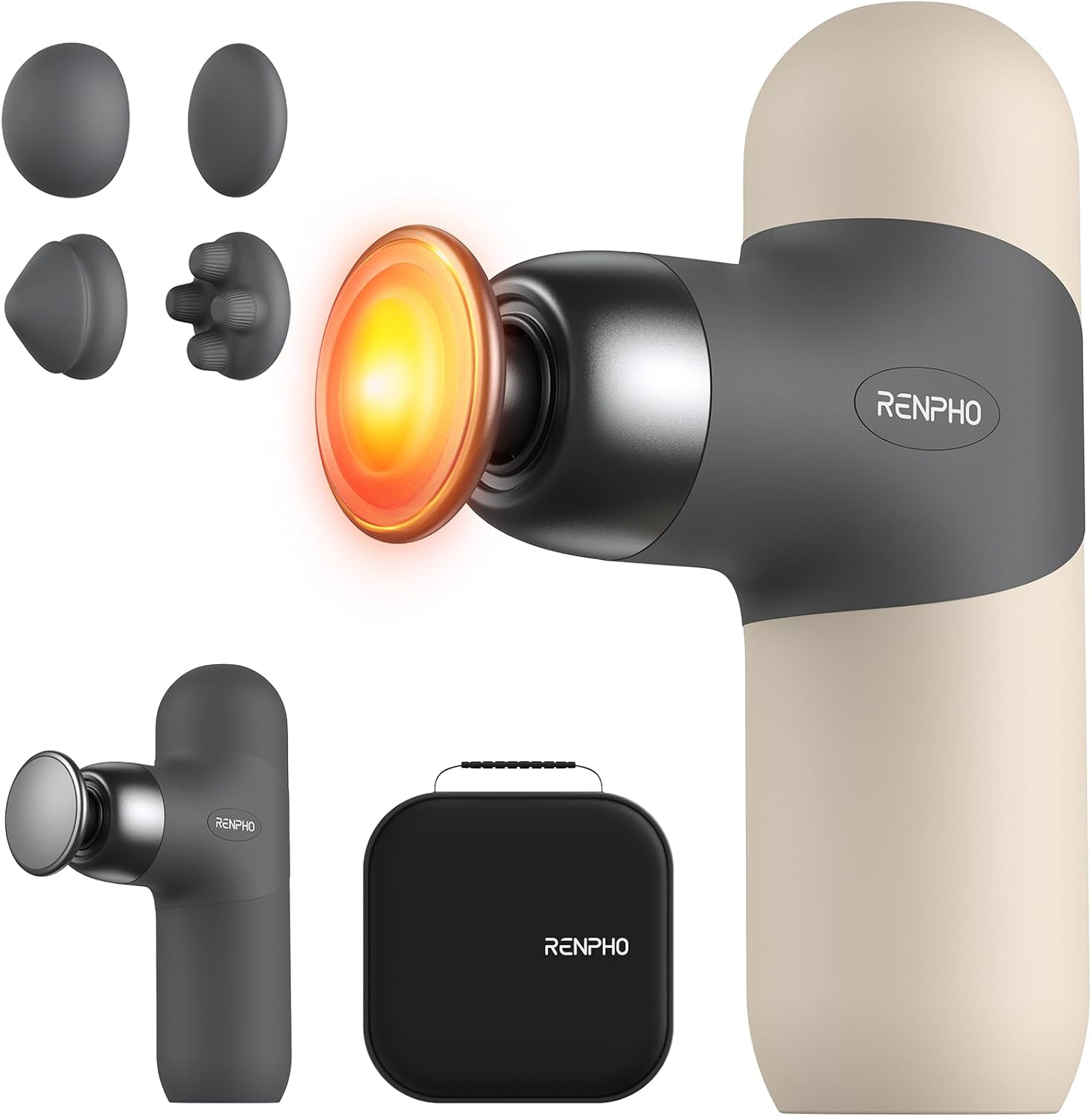 RENPHO Mini-Thermo-Massagepistole mit Wärmefunktion, Mini-Massagepistole, tragbares modisches Percussion-Massagegerät, mit farbigen Silikonhüllen, Reisegröße mit Tragetasche, für Muskelmassage, Beige