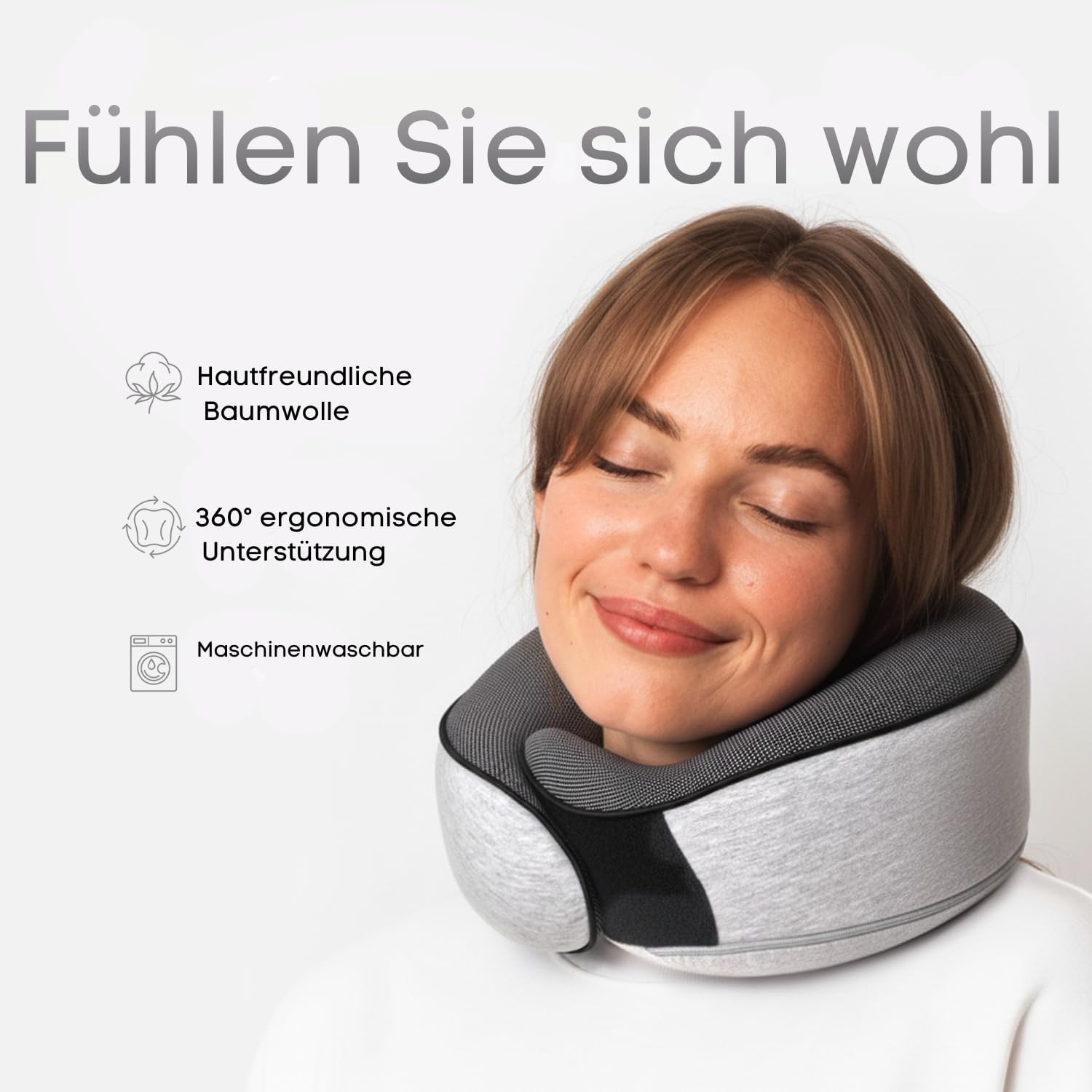 Proglobe Flugzeug-Nackenkissen, Reisekissen, 100 % Memory-Schaum, orthopädisches Nackenkissen, ideal für Reisen im Flugzeug, Auto, Zug, mit 3D-Schlafmaske, Ohrstöpsel, hochwertiger Netzbeutel, grau – Bild 2