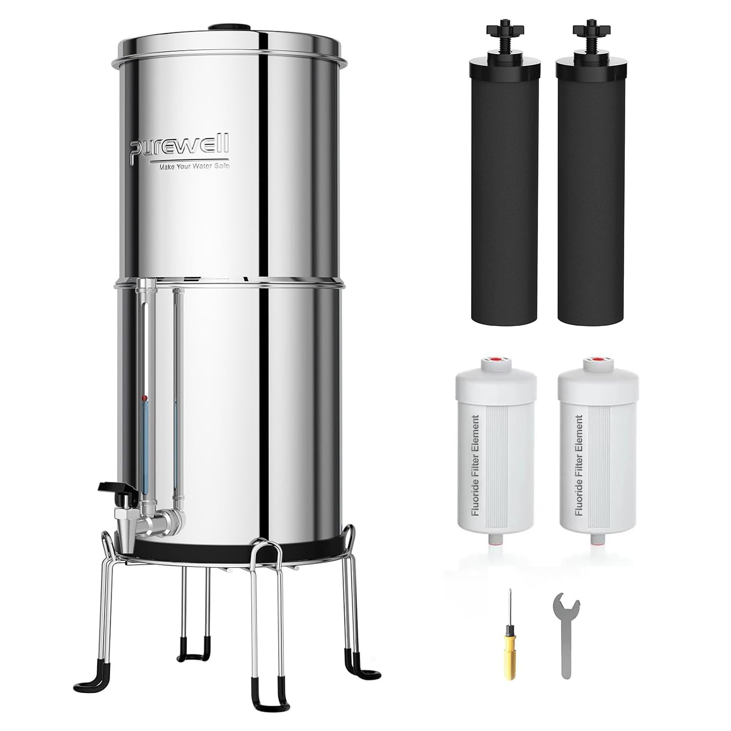 Purewell Schwerkraft-Wasserfilter 8,5 l – Edelstahlbehälter mit 4 Filtern (Aktivkohle/Fluorid) mit transparentem Wasserhahn – entfernt 99 % Fluorid, Chlor und Metalle – stromlos