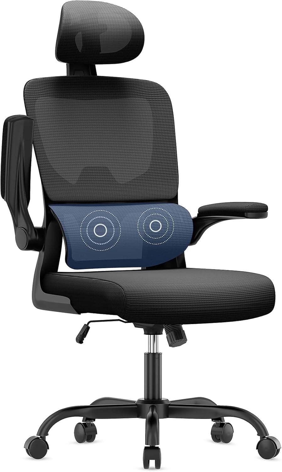 naspaluro Ergonomischer Bürostuhl mit klappbaren Armlehnen, dynamische Lordosenstütze, höhenverstellbarer Bürostuhl mit 120°-Wippfunktion, Upgrade Schwarz