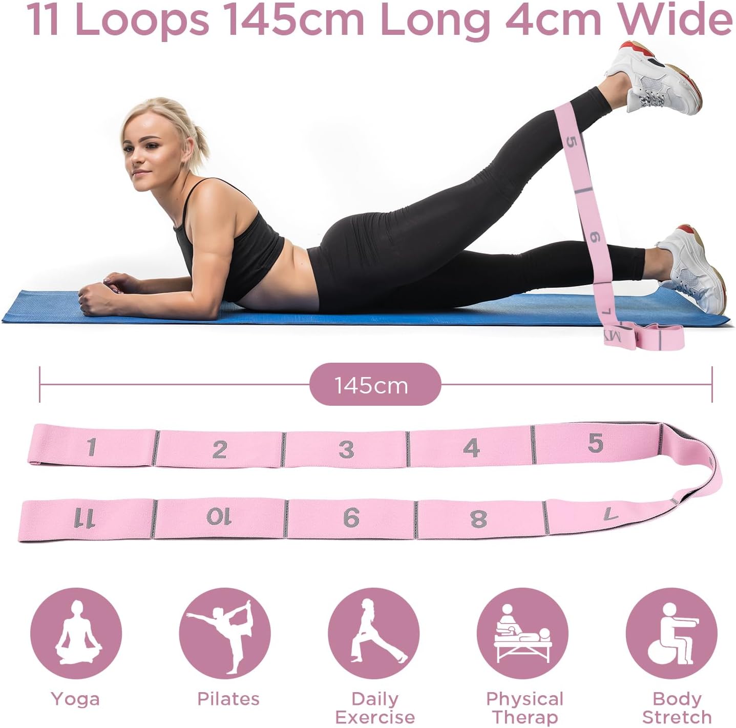 AiQInu Yoga Stretch Gurt, Widerstandsbänder mit 11 Schleifen, hochelastischer Fitnessbänder, hochelastischer elastischer Widerstandsbänder für Pilates Fitness Stretching Training – Bild 3