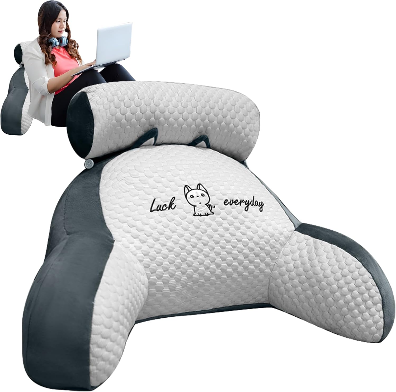 Suewidfay Lesekissen für Bett und Sofa, 70 x 50 cm, großes Rückenkissen für Erwachsene, Komfortkissen, Lesekissen mit abnehmbarer Nackenrolle und Armlehnen, Lesesitzkissen zum Lesen, Fernsehen, Faulenzen