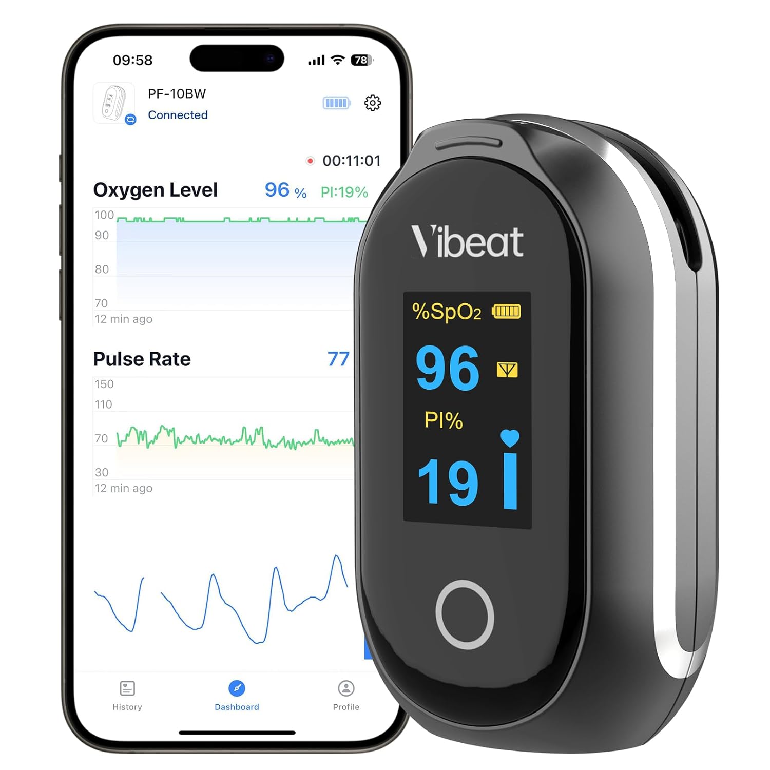 Vibeat Sleep Bluetooth-Pulsoximeter mit kontinuierlichem Modus, wiederaufladbares Sauerstoffsättigungsmessgerät für Finger mit 8 x 10 Stunden Datenaufzeichnung, Blutsauerstoffmessgerät Finger mit automatischer Datensynchronisation