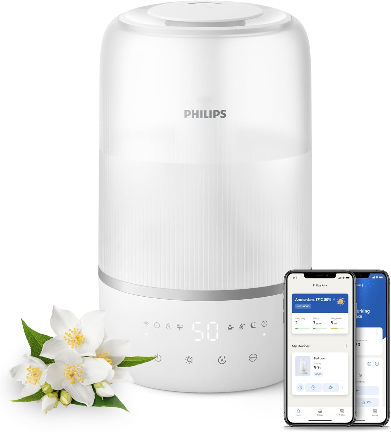 Philips Smart Luftbefeuchter – kompakt und dennoch leistungsstark mit himmelhohem Nebel, Aromatherapie, leise mit Schlaffunktion und Nachtlicht, für (Schlaf-)Räume bis zu 38 m² (HU1509/00)