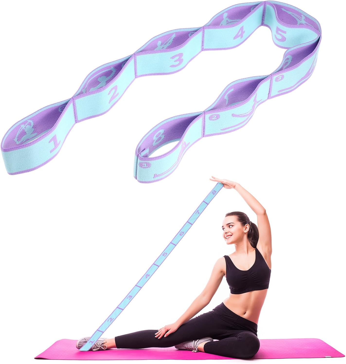 Yoga-Stretchgurt, Abeillo Yoga-Stretchgurt mit 8 Schlaufen, Yoga-Zubehör, Fitnessbänder, Widerstandsbänder, Gymnastikband, elastisch für Pilates, Tanz, Gymnastik, effektives Dehnen (lila).