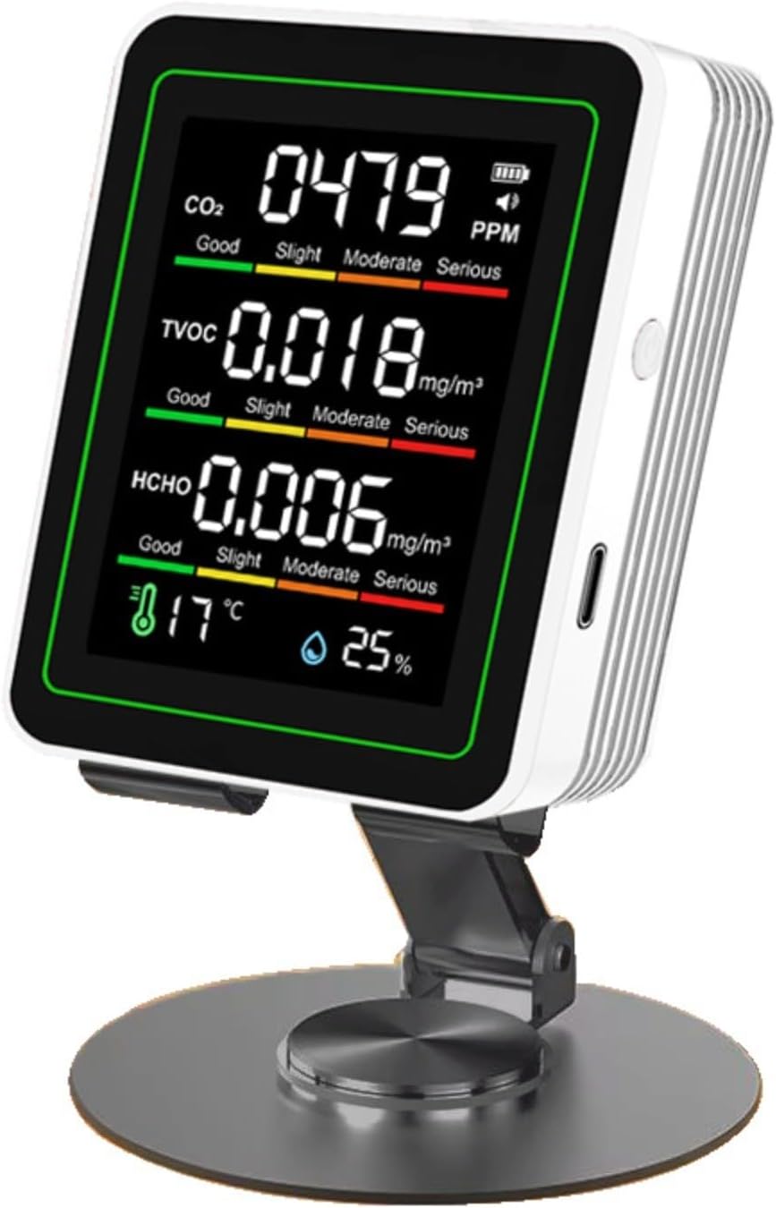 5-in-1-Luftqualitätsmonitor für HCHO, TVOC, Temperatur und Luftfeuchtigkeit; 1,8 Zoll HD-Display, 30-Stunden-Akku; Typ-C; ideal für Zuhause, Büro und Lager, Glewi, Schwarz – Bild 8