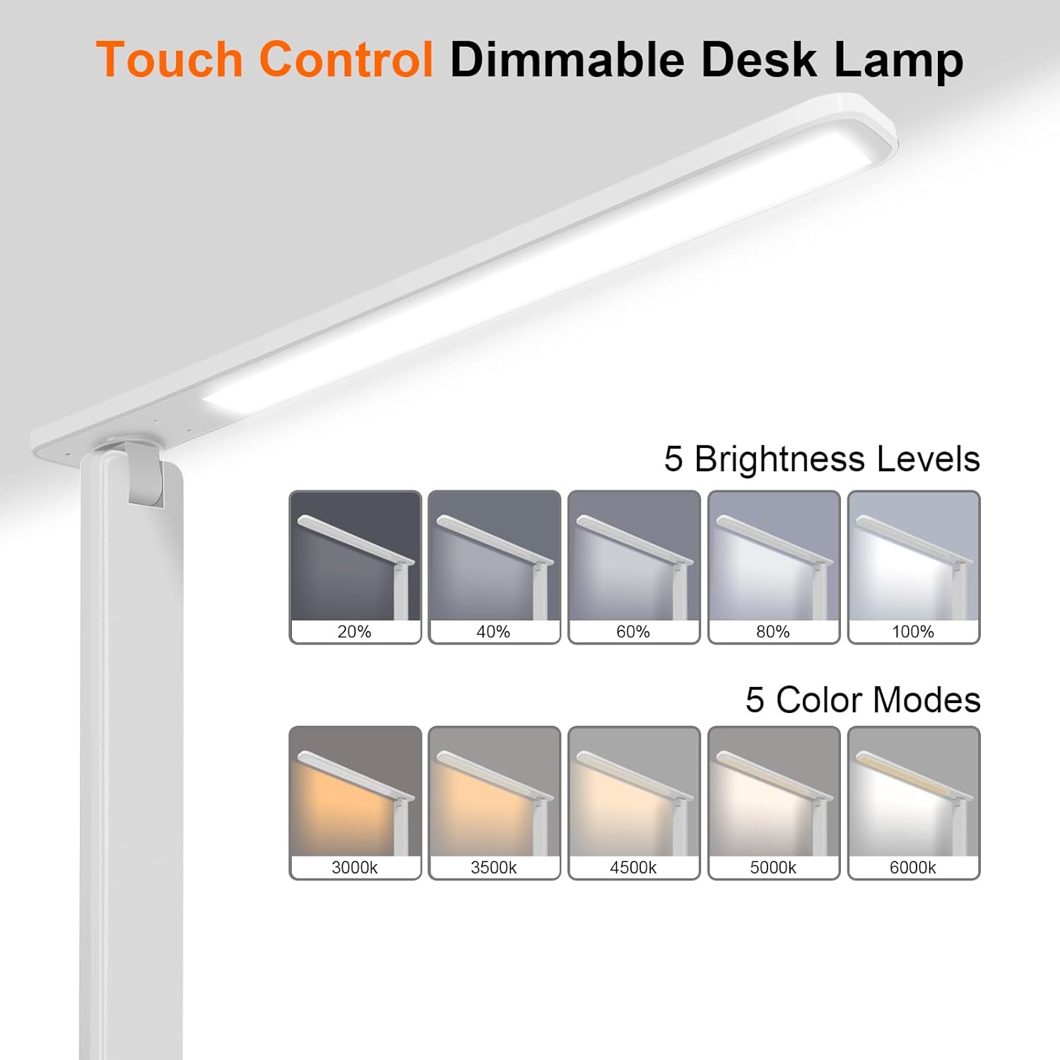 Jumoking Schreibtischlampe LED Dimmbar Augenschutz, Schreibtischlampe mit 5 Farben und 5 Helligkeitsstufen, Tischlampe mit USB-Ladeanschluss, Touch-Steuerung für Kinder, Schlafzimmer, Lesen, Büros (Weiß) – Bild 7