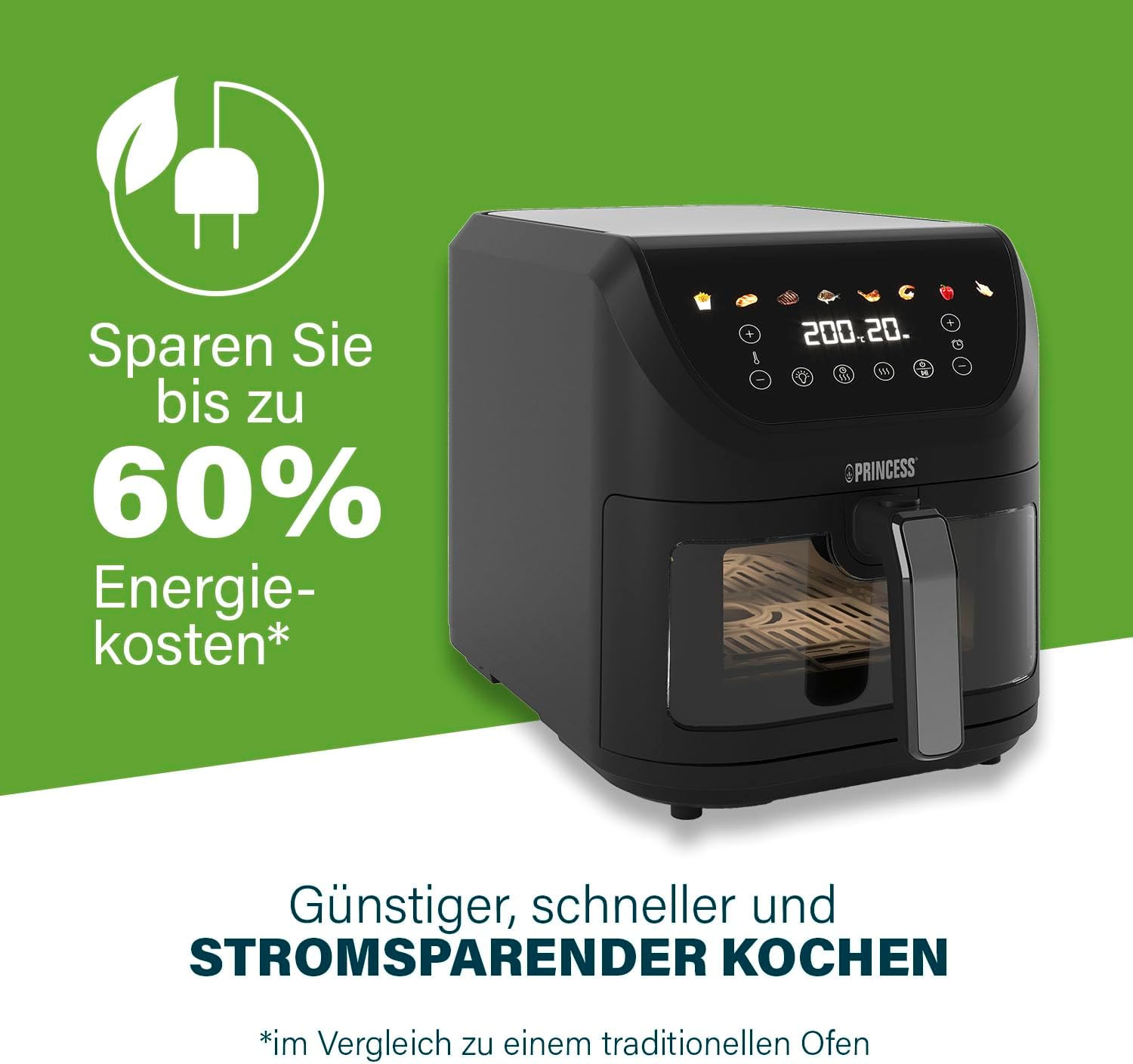 Princess SlimFry Airfryer, 8 l Fassungsvermögen, 2000 W, 8 Programme, digitaler Touchscreen, einstellbare Temperatur, Sichtfenster, automatische Abschaltung, spülmaschinenfest, 182257 – Bild 4