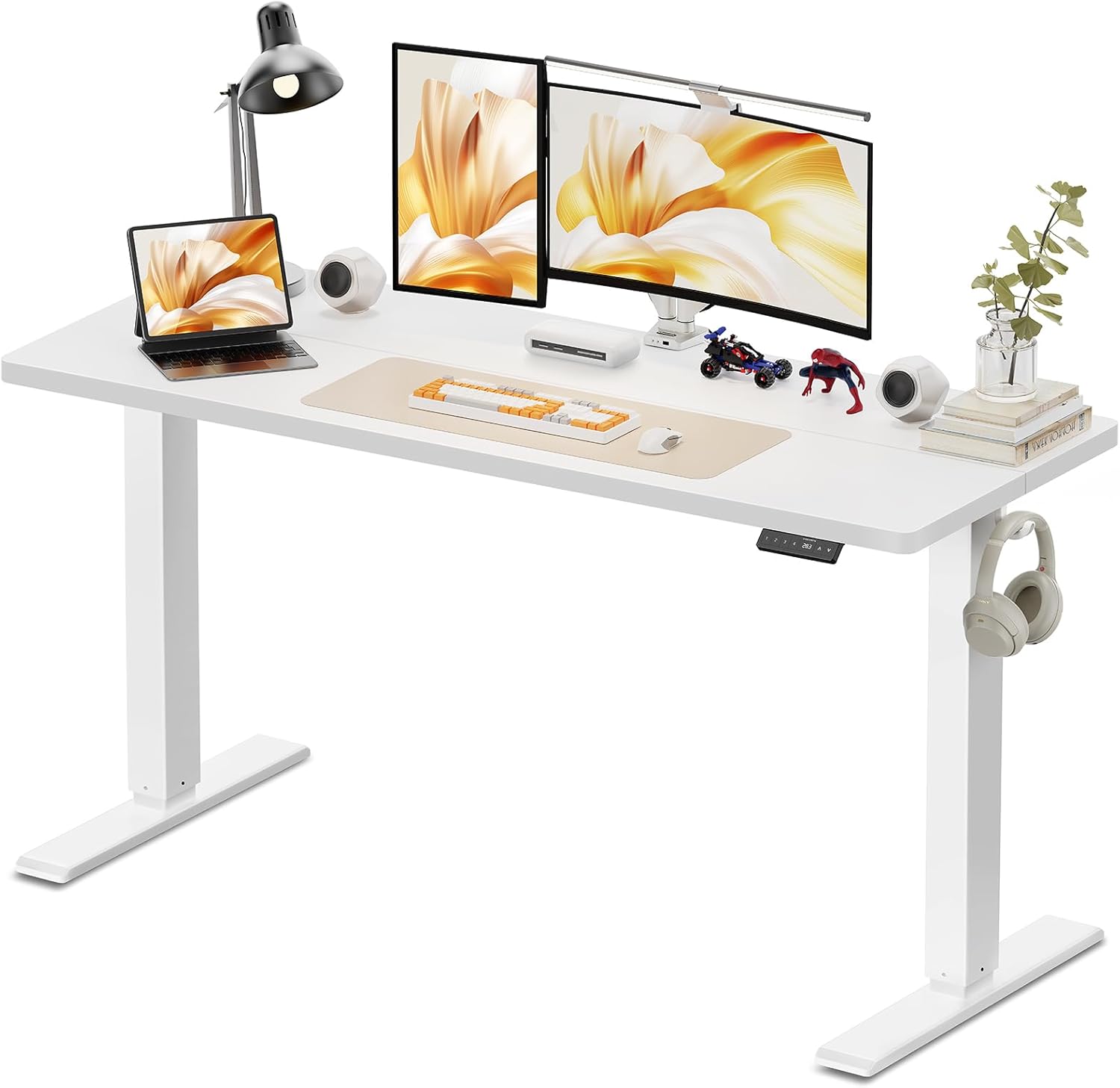 WALKINGDESK Höhenverstellbarer Schreibtisch, elektrisch 160 x 60 cm, Computertisch, Stehsitztisch, höhenverstellbar mit 4 Memory-Funktionen, Stehpult mit 2 Haken für Büro, Verbindungsplatte, weiß