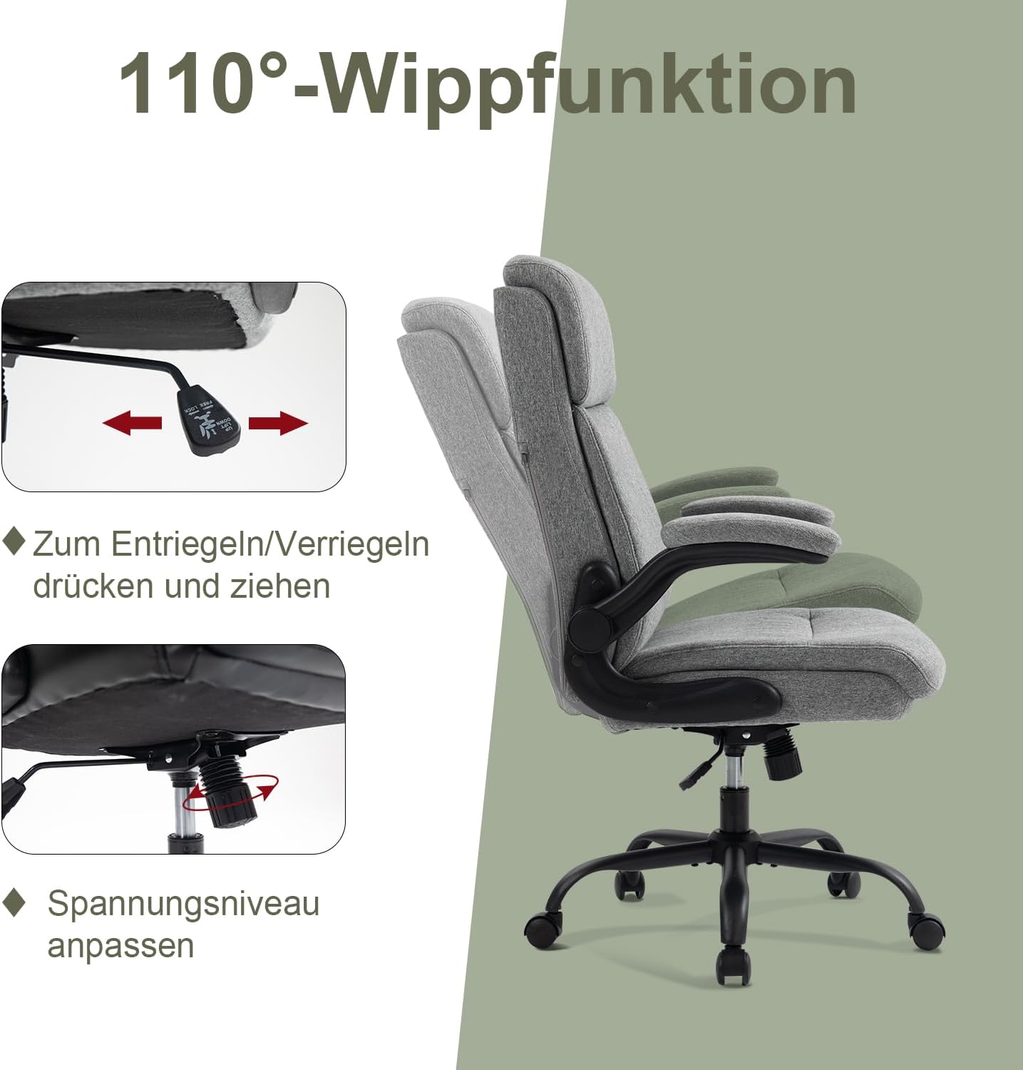 CASTLOVE Ergonomischer Bürostuhl, Schreibtischstuhl mit Rückenlehne, hochklappbare Armlehne, hohe Rückenlehne, höhenverstellbar, Wippfunktion (Bürostuhl, Stoff, grau, max. 150 kg) – Bild 7