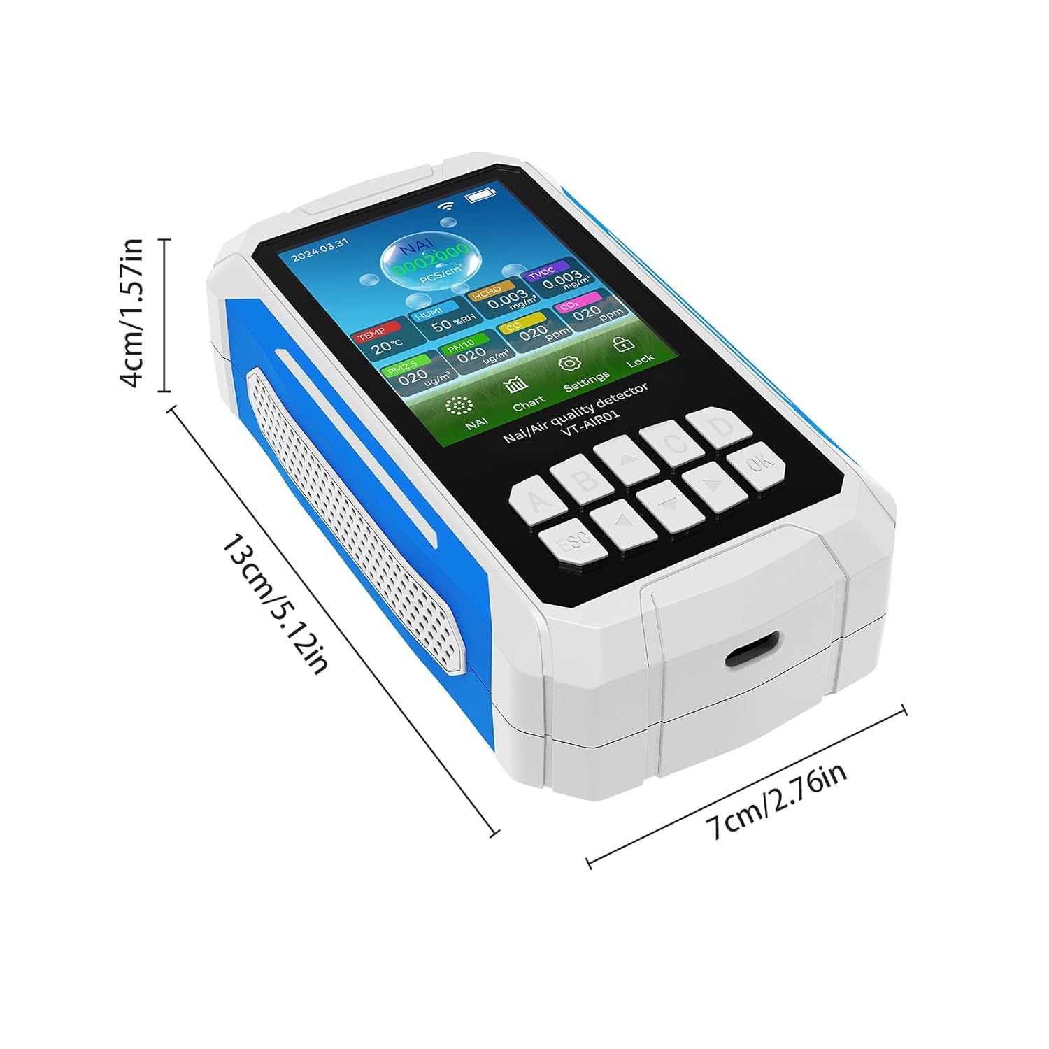 FTVOGUE Luftqualitätsmonitor Tragbarer Lufttester Negative Ionenkonzentration Temperatur Luftfeuchtigkeit VOC PM2,5 PM10 CO CO2-Erkennung für Zuhause, Auto, Büro VT-AIR01 Schwarz – Bild 7