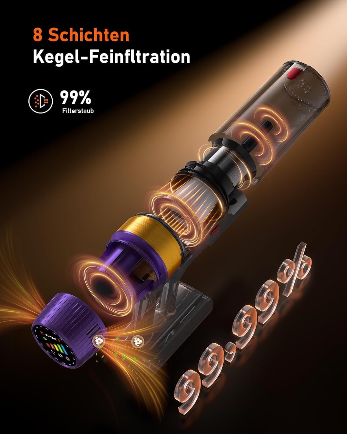Akku-Staubsauger Testsieger 55000Pa/75min/1,8L Beutelloser, selbststehender Griff-/Stabstaubsauger mit Anti-Tangle & Ladestation – Stark für Tierhaare/Teppich/Hartboden/Auto (Lila) – Bild 9