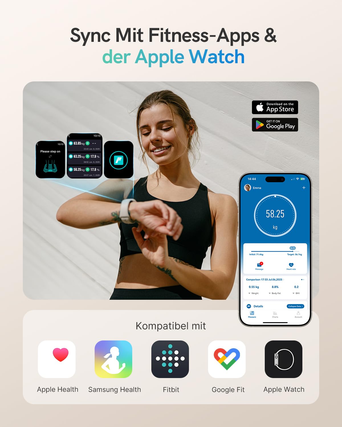 Personenwaage Körperfettwaage Bluetooth Körperanalysewaage mit VA-Anzeige, 22 Körperwerte, Herzfrequenz, BMI, Körperfett & Muskelmasse, kompatibel mit iOS/Android, max. 180 kg – Bild 6