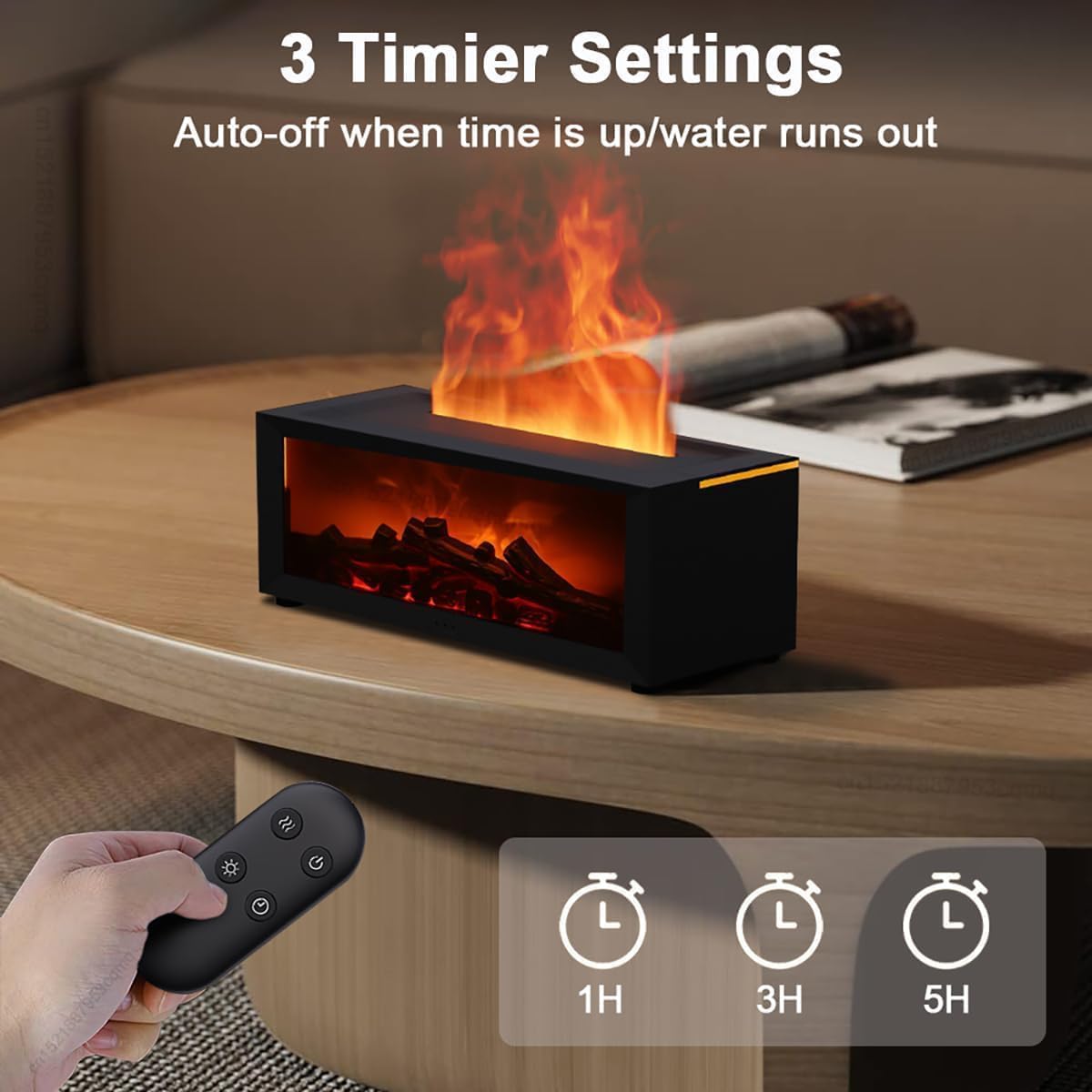 Luftbefeuchter Kamin, Flammen-Aroma-Diffusor, 150 ml Diffusor für ätherische Öle mit Fernbedienung und 7-Farben-LED-Beleuchtung, automatische Abschaltung, Timer für Zuhause, Büro, Schlafzimmer, Geschenk – Bild 2