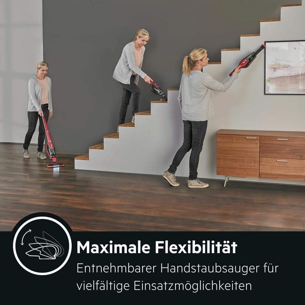 AEG Ergorapido CX7-2-45AN 2in1 Akku-Staubsauger (beutellos, inklusive Tierhaardüse, bis zu 45 Min. Laufzeit, freistehend, 180° Drehgelenk, Bürstenreinigungsfunktion, LED-Frontlichter, rot) – Bild 4