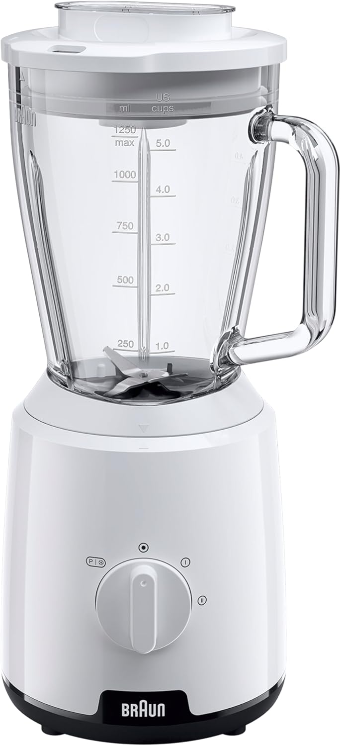 Braun PowerBlender 1 Stabmixer mit dreieckigem Glaskrug, 2 Geschwindigkeiten, Eis-Crush-Funktion, JB1050WH, 600 W, Weiß
