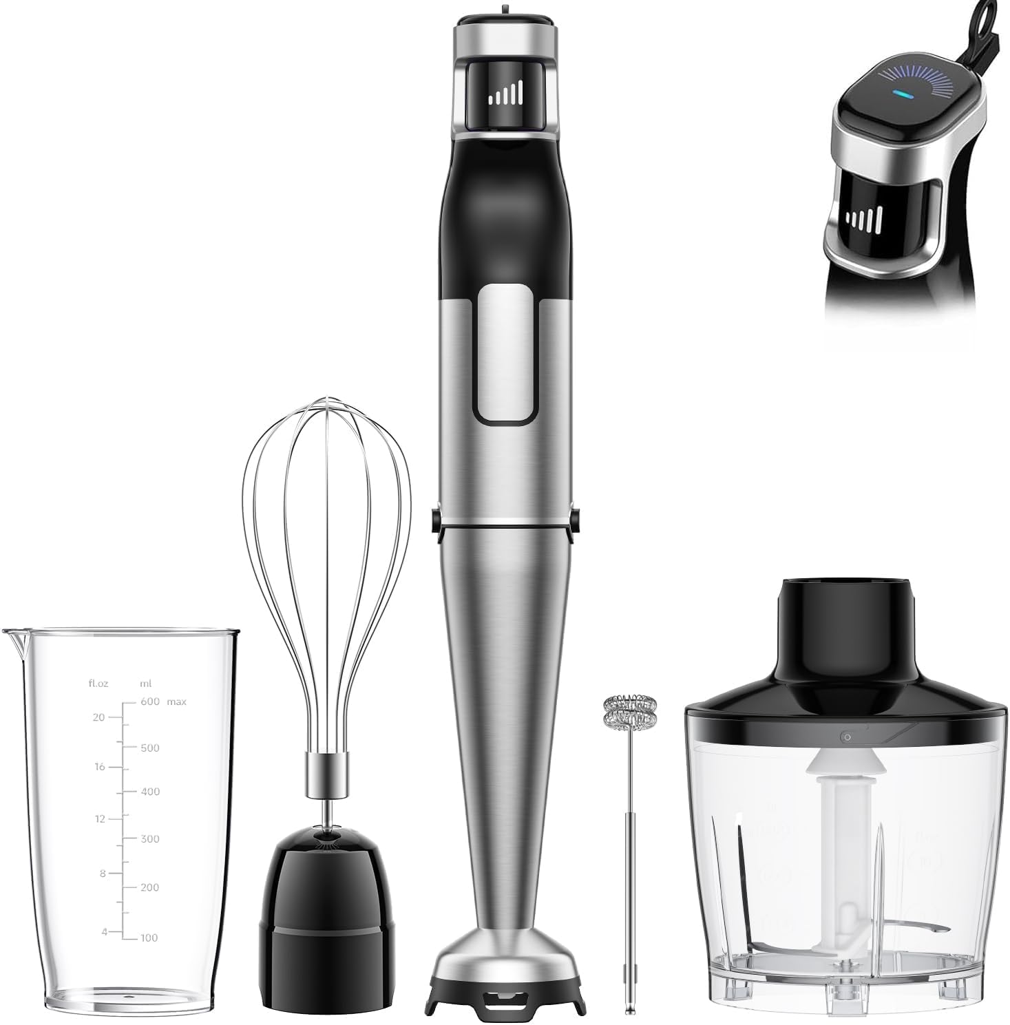 BESROY Stabmixer-Set 5 in 1, 1100 W elektrischer Pürierstab, stufenlose Geschwindigkeit, Edelstahl-Stabmixer mit Zerkleinerer, Schneebesen, Milchaufschäumer und Messbecher, ideal für Suppen, Smoothies