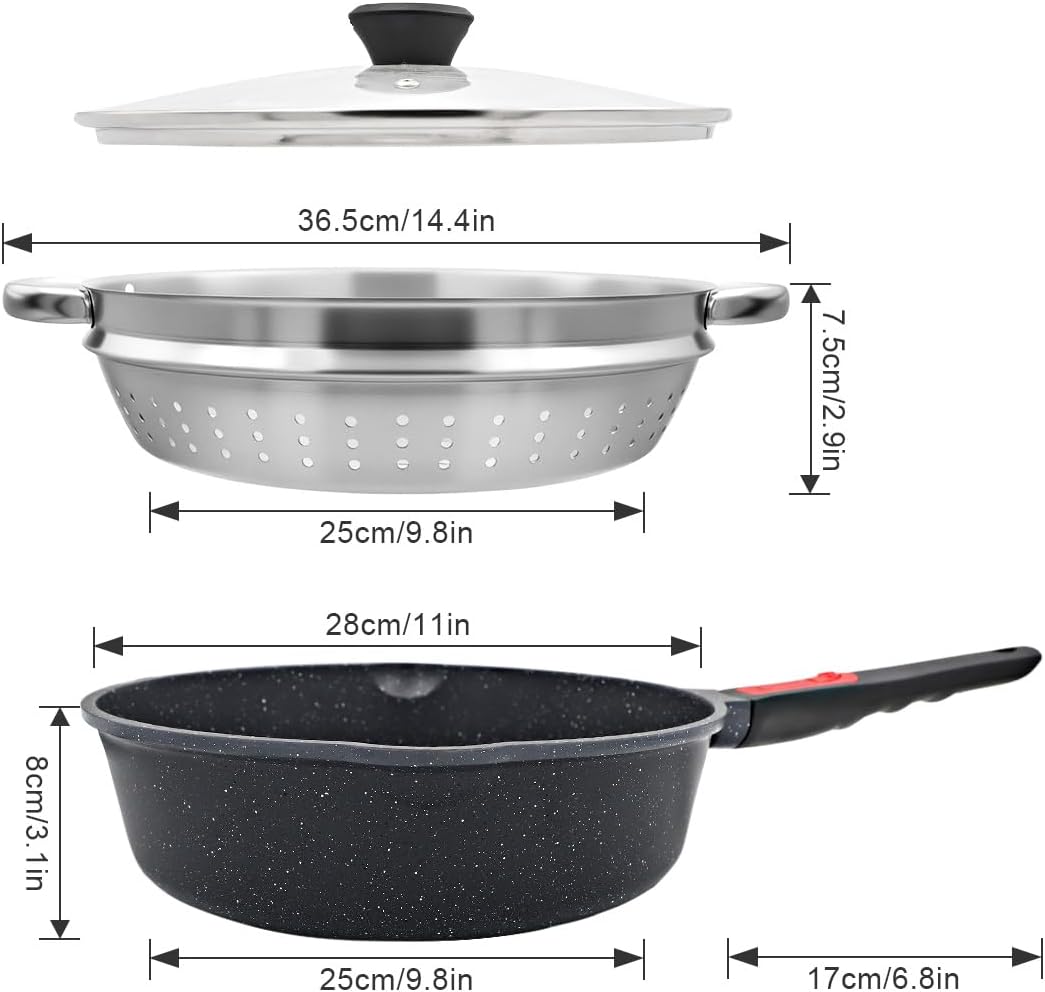 Bratpfanne 28 cm mit Deckel, 4-teiliges Set, antihaftbeschichtete Bratpfanne mit Deckel, Dampfgarer, Silikonspatel, mit abnehmbarem Griff, ofenfest, PTFE- und PFOA-frei (schwarz) – Bild 6