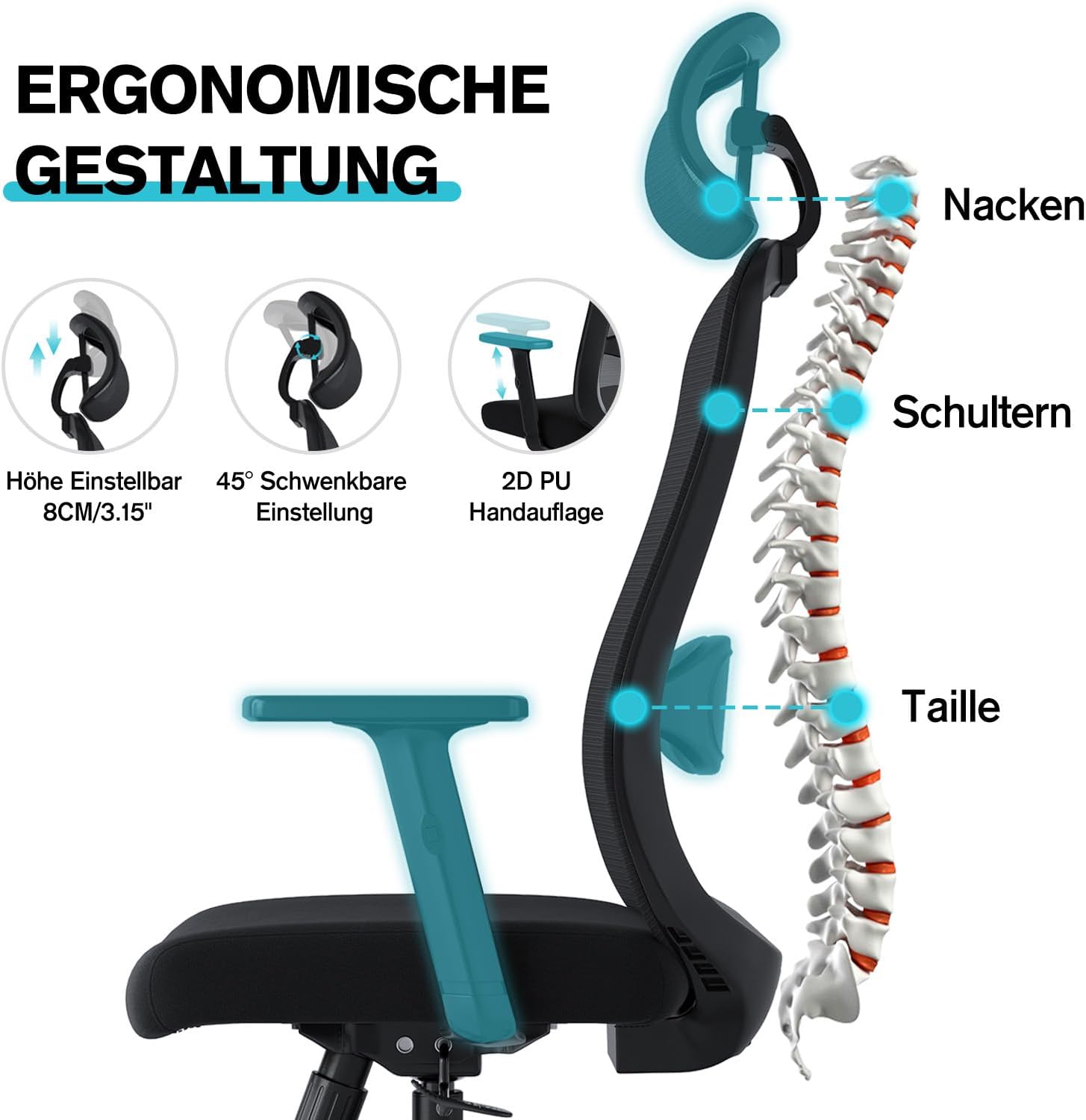 Ergonomischer Bürostuhl, Schreibtischstuhl mit verstellbaren Kopfstützen und Armlehnen, Drehstuhl mit 4 cm Schaumstoff-Lendenkissen, Bürostühle mit Netzbezug, für Home Office (schwarz) – Bild 6