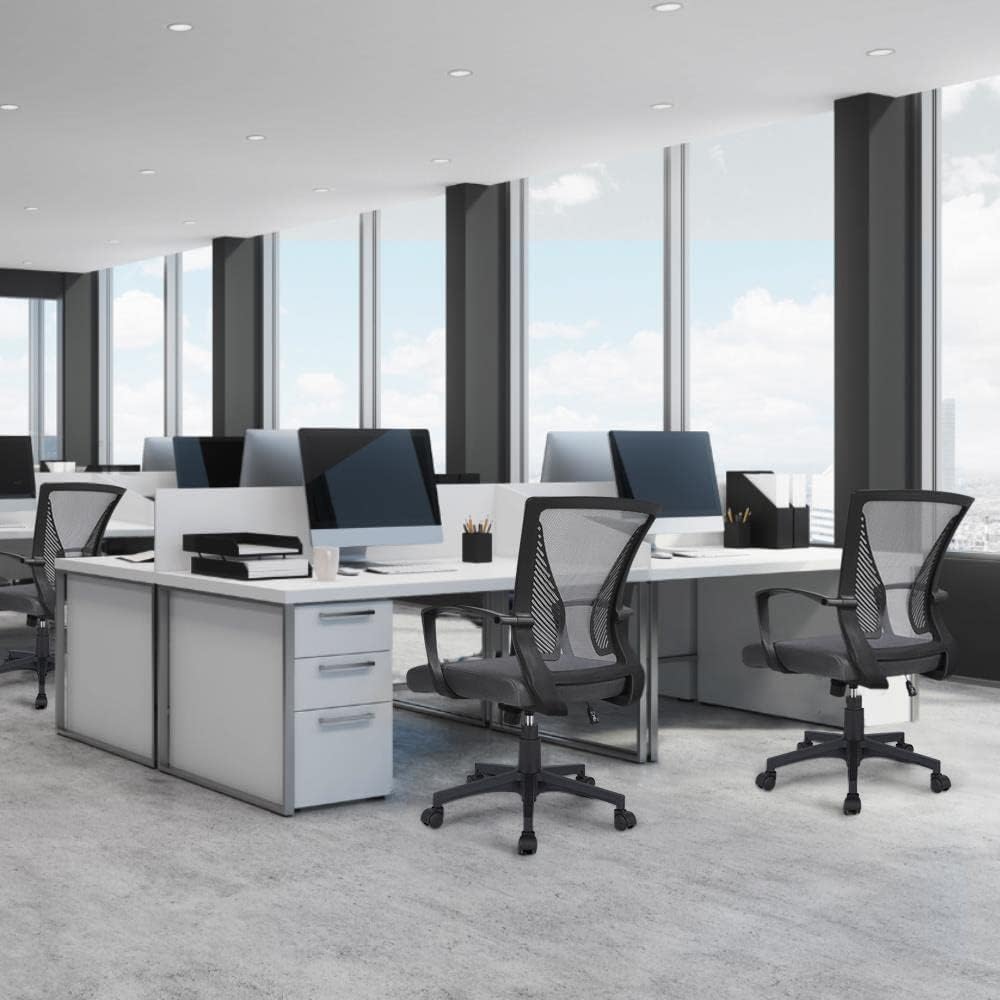 Yaheetech Ergonomischer Bürostuhl, Schreibtischstuhl mit Netzbezug, Arbeitsstuhl mit Armlehnen, Netz-Chefsessel, höhenverstellbarer Computerstuhl, Belastbarkeit 136 kg, atmungsaktiv, Wippfunktion, dunkel – Bild 2