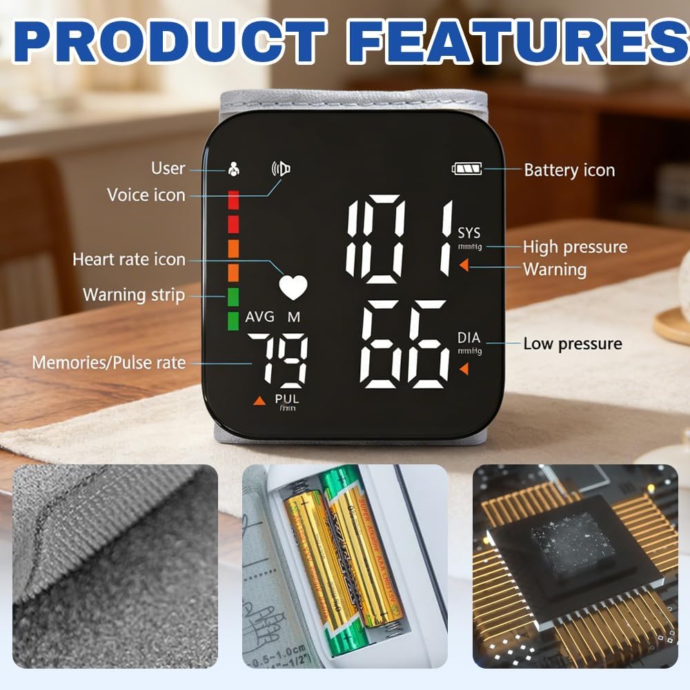 Handgelenk-Blutdruckmessgerät mit LED-Touchscreen, automatisches Blutdruckmessgerät mit 99 x 2 Lesespeicher, automatische Sprachausgabe, wiederaufladbar – Bild 2