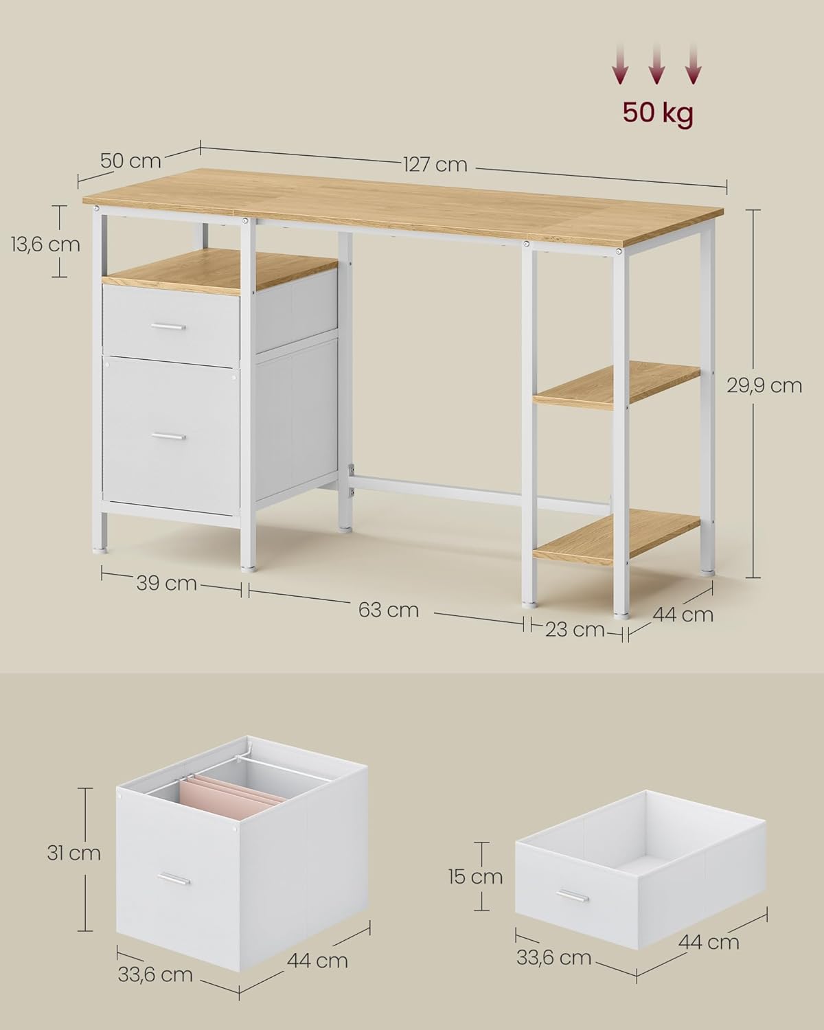 VASAGLE Computertisch, Bürotisch, Schreibtisch mit 3 Ablagen, 2 Schubladen, 127 x 50 x 76 cm, Büro, Wohnzimmer, moderner Stil, natürliche Eiche, mattweiß, LWD103YD01 – Bild 3
