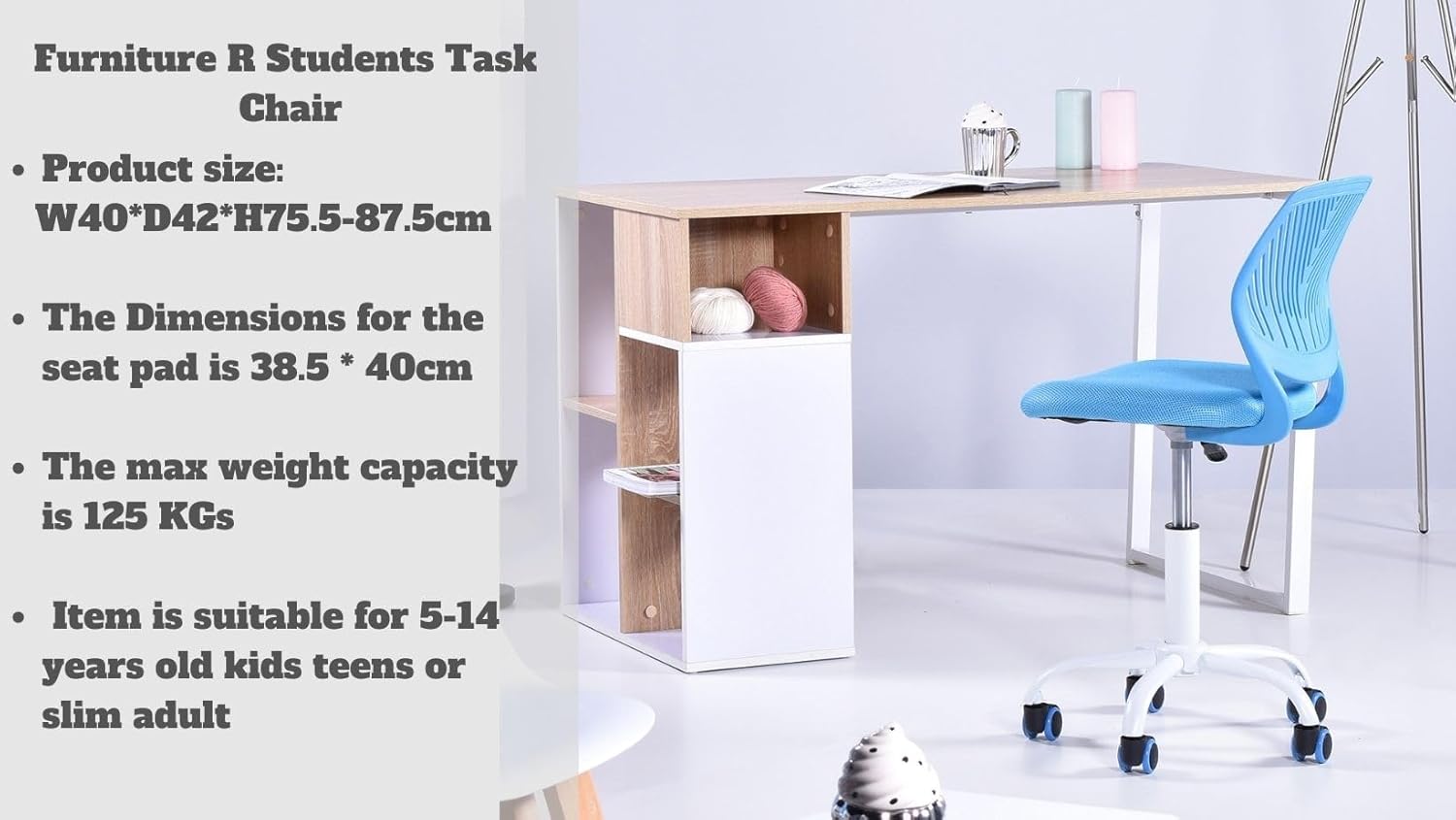 FurnitureR 2 x höhenverstellbare Drehstühle, ergonomischer Schreibtischstuhl für Kinder/Jugendliche, drehbarer Bürostuhl mit Rollen für Heimbüro und Kinderzimmer – Bild 8