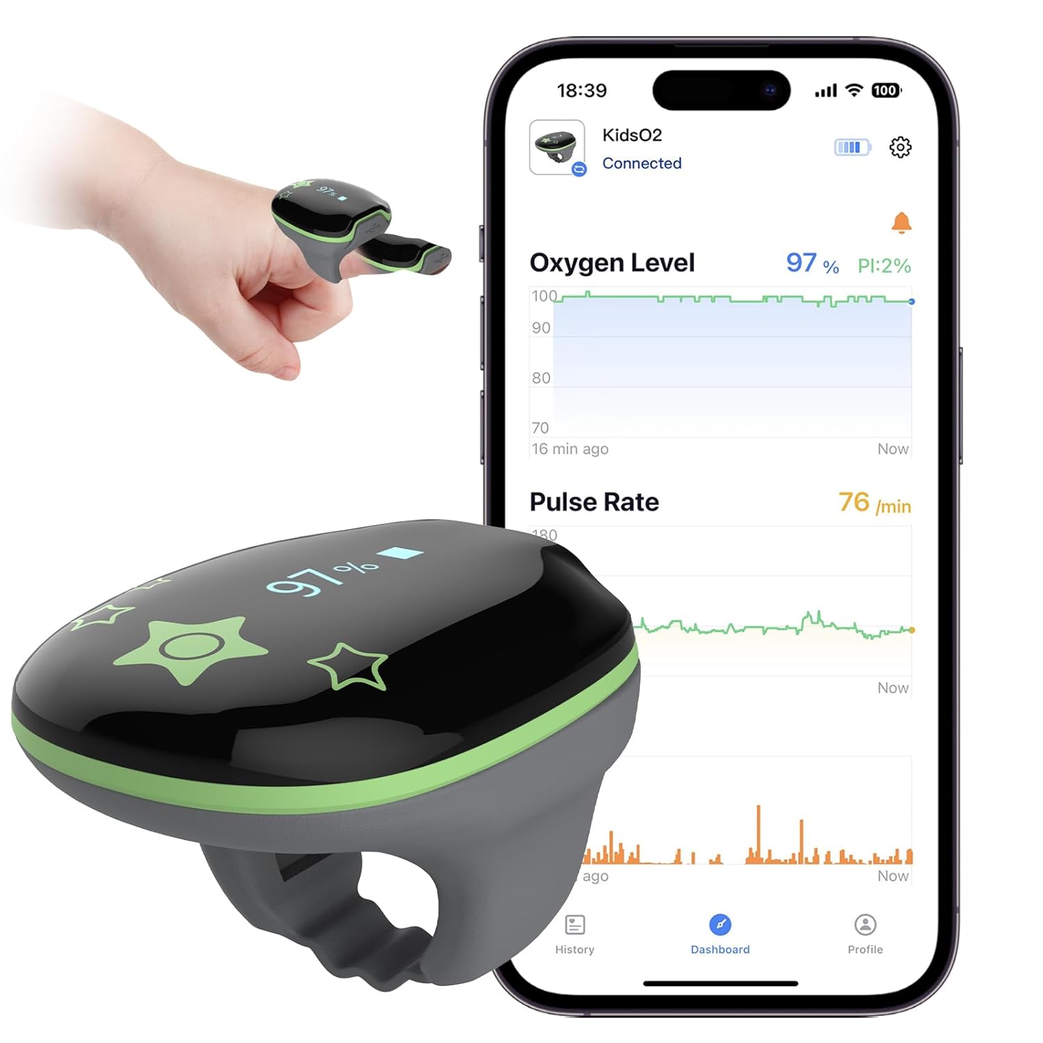 Tragbarer Gesundheitsmonitor für Kinder, KidsO2 Ring, tragbares Pulsoximeter, Bluetooth-Schlafmonitor, Gesundheitstracker mit App und PC-Bericht
