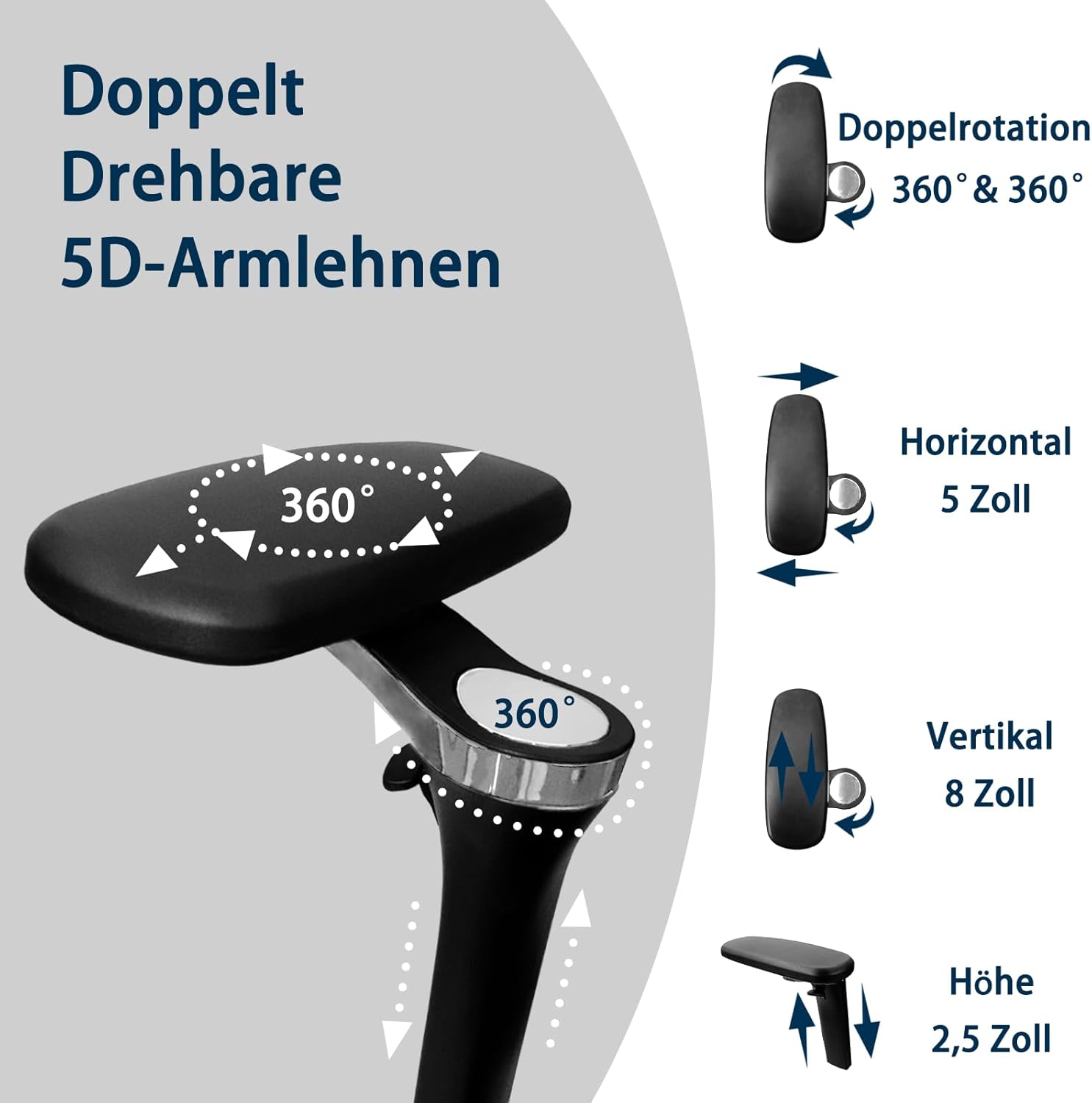 Ergonomischer Bürostuhl, groß und schwer, mit Fußstütze, 5D-verstellbaren Armlehnen, Lordosenstütze, Netzrückenlehne, verstellbarer Sitztiefe, drehbarer Gaming-Stuhl, Schwarz – Bild 4