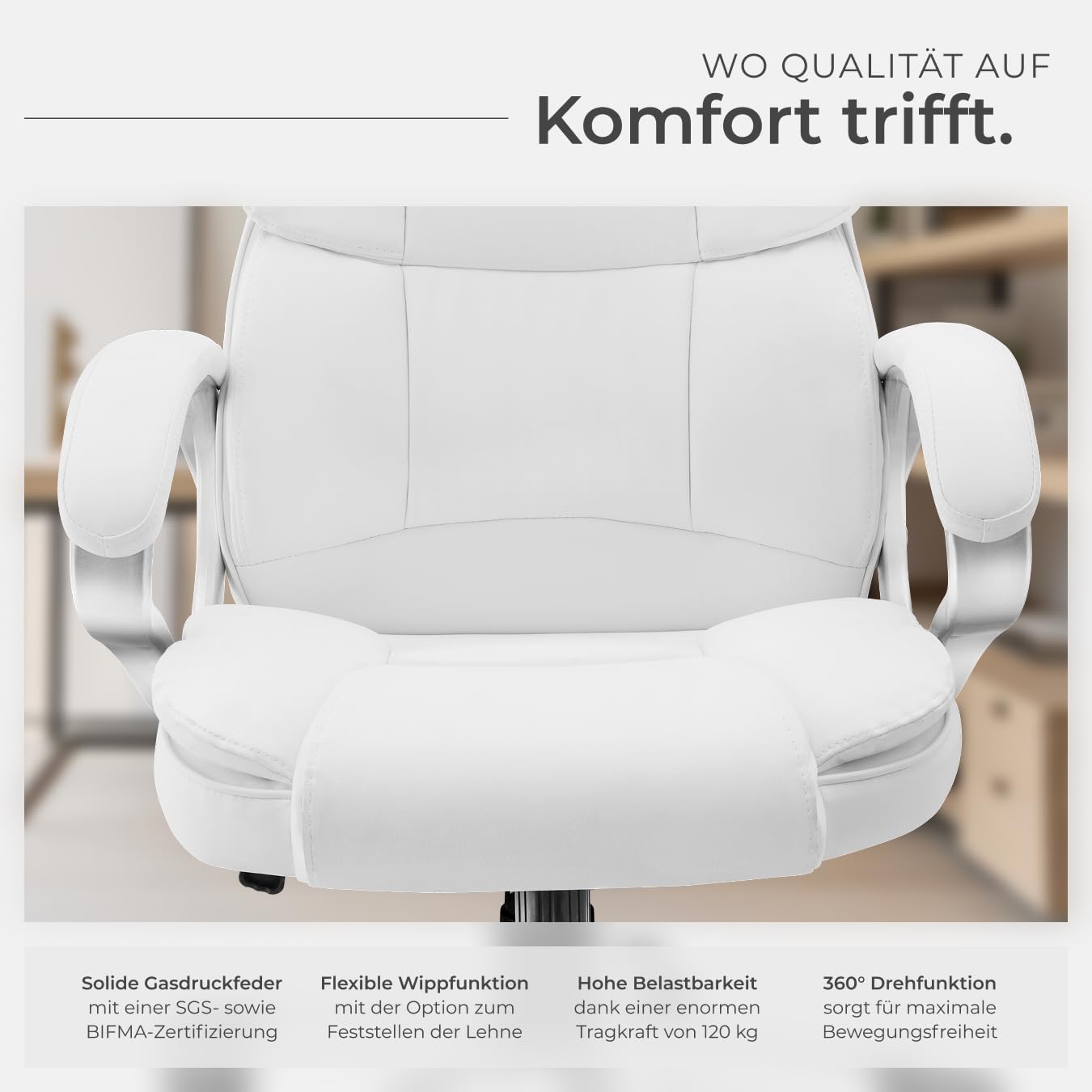 tectake Chefbürostuhl mit 12 cm Polsterung, Schreibtischstuhl mit Armlehnen und Wippfunktion, ergonomischer Bürostuhl höhenverstellbar, PC-Stuhl, Drehstuhl mit Rollen in Lederoptik – Weiß – Bild 9