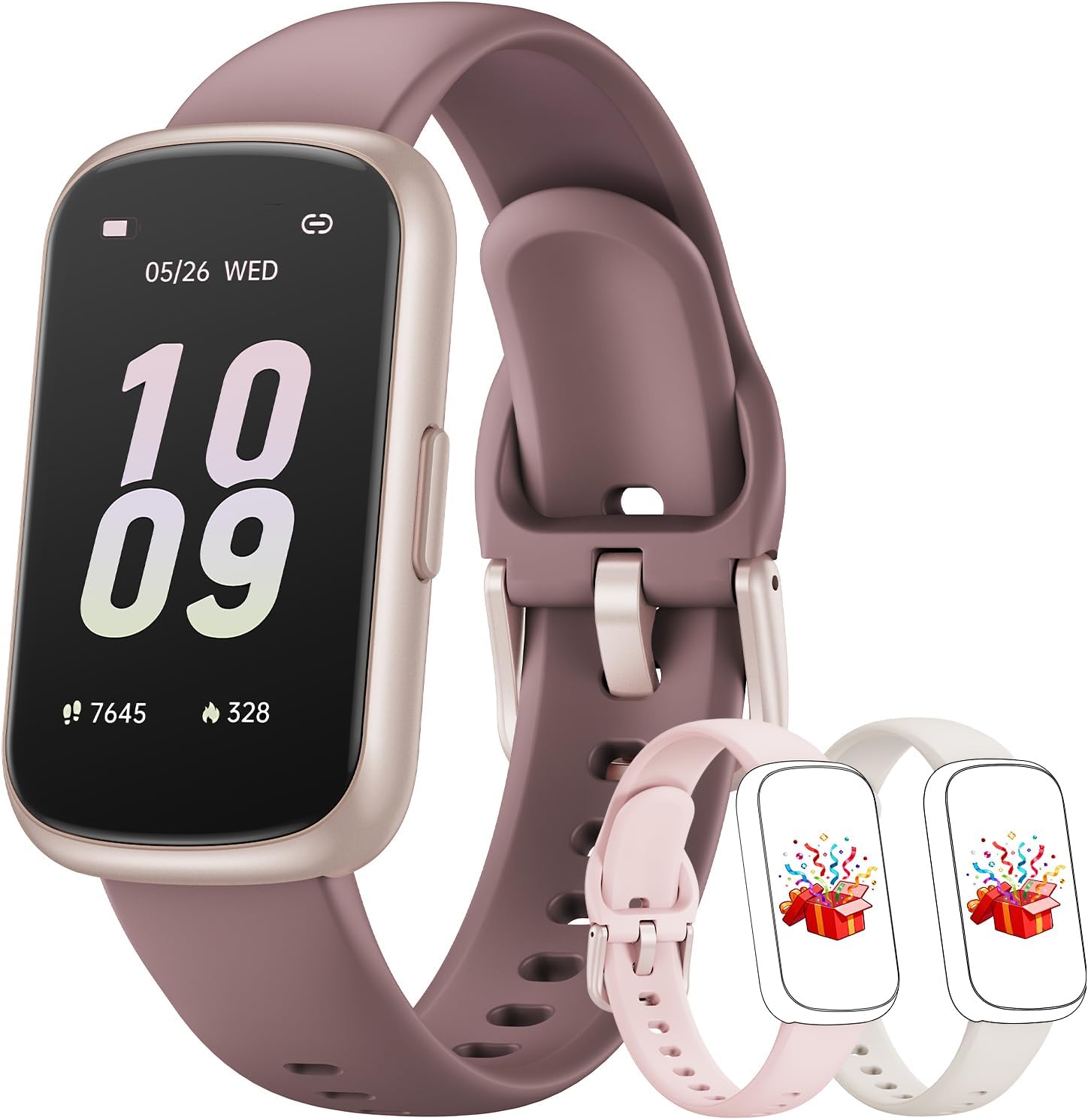 Smartwatch Damen Herren – 3 Armbänder, 1,47 Zoll kleine Fitness-Uhr als Fitness-Tracker, Aktivitätstracker, Herzfrequenzmesser, Uhr, SpO2, Schlaf-Tracker, Schrittzähler, Sportuhr für Android iOS, Roségold/Rauchviolett