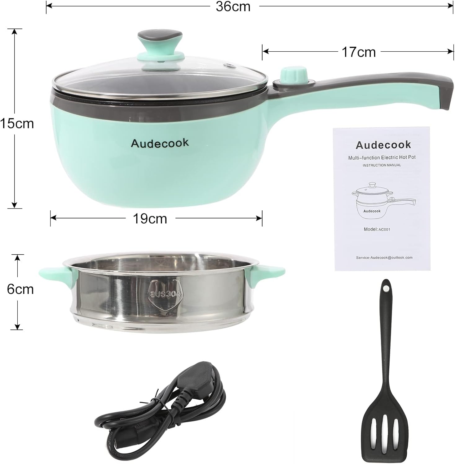 Audecook Elektrischer Hot Pot mit Dampfgarer, 1,5 l/20 cm elektrische Bratpfanne, Hotpot-Topf, antihaftbeschichtete Mini-Elektropfanne, Multikocher für Dorm Ramen, Steak (A (grün / 1,5 l mit Dampfgarer)) – Bild 5