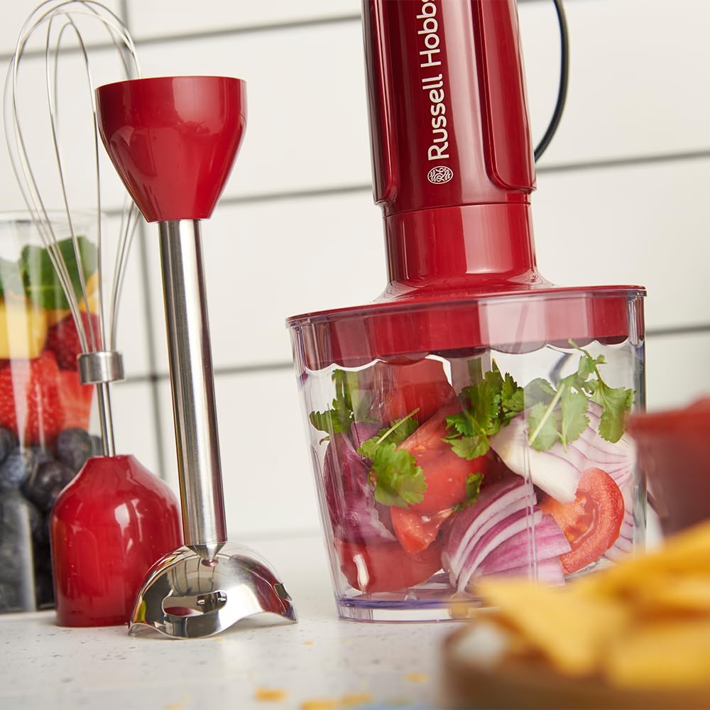 Russell Hobbs Desire Red 27142-56 Stabmixer (3-in-1: Mixer, Schneebesen & Zerkleinerer/Püreestab) (600 ml Rührbecher, spülmaschinenfestes Zubehör, Edelstahlmesser, für Smoothies, Suppen, Saucen & Dips) – Bild 4