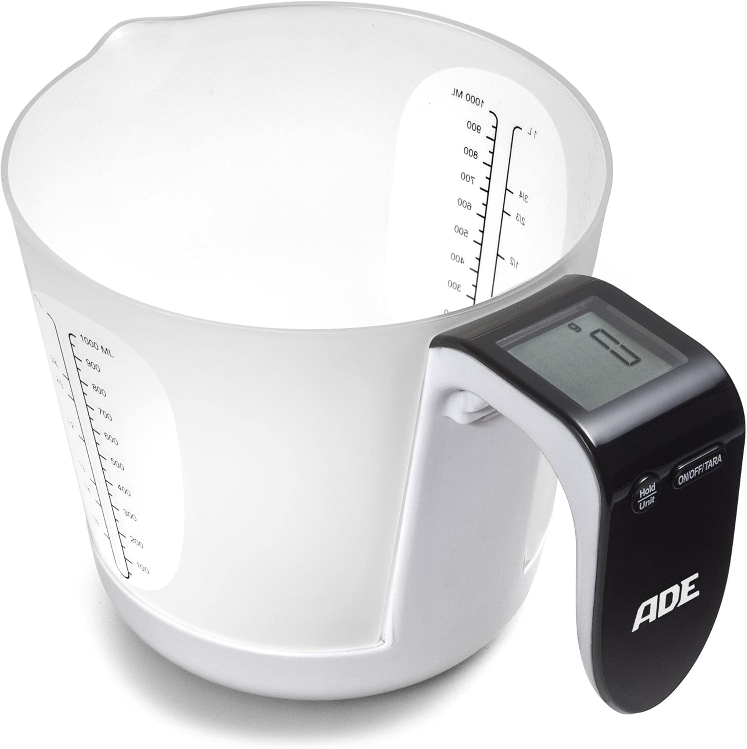 ADE Digitale Messbecherwaage | Küchenwaage mit Messbecher zum Wiegen und Messen | Elektronische Messbecherwaage zum Backen und Kochen