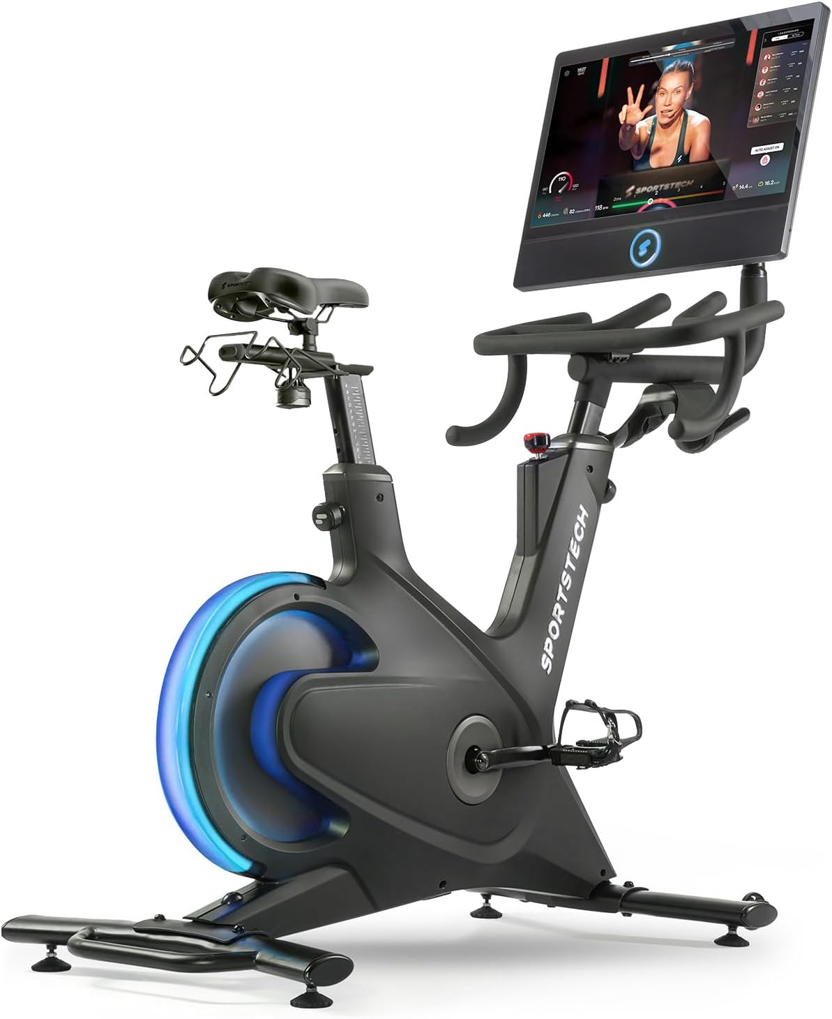 Sportstech Heimtrainer + 21,5 Zoll Touch-Display – Deutsche Qualitätsmarke – App mit Live-Workouts & Kursen, Fitnessbike mit patentierter LED-Technologie, Ergometer, sBike