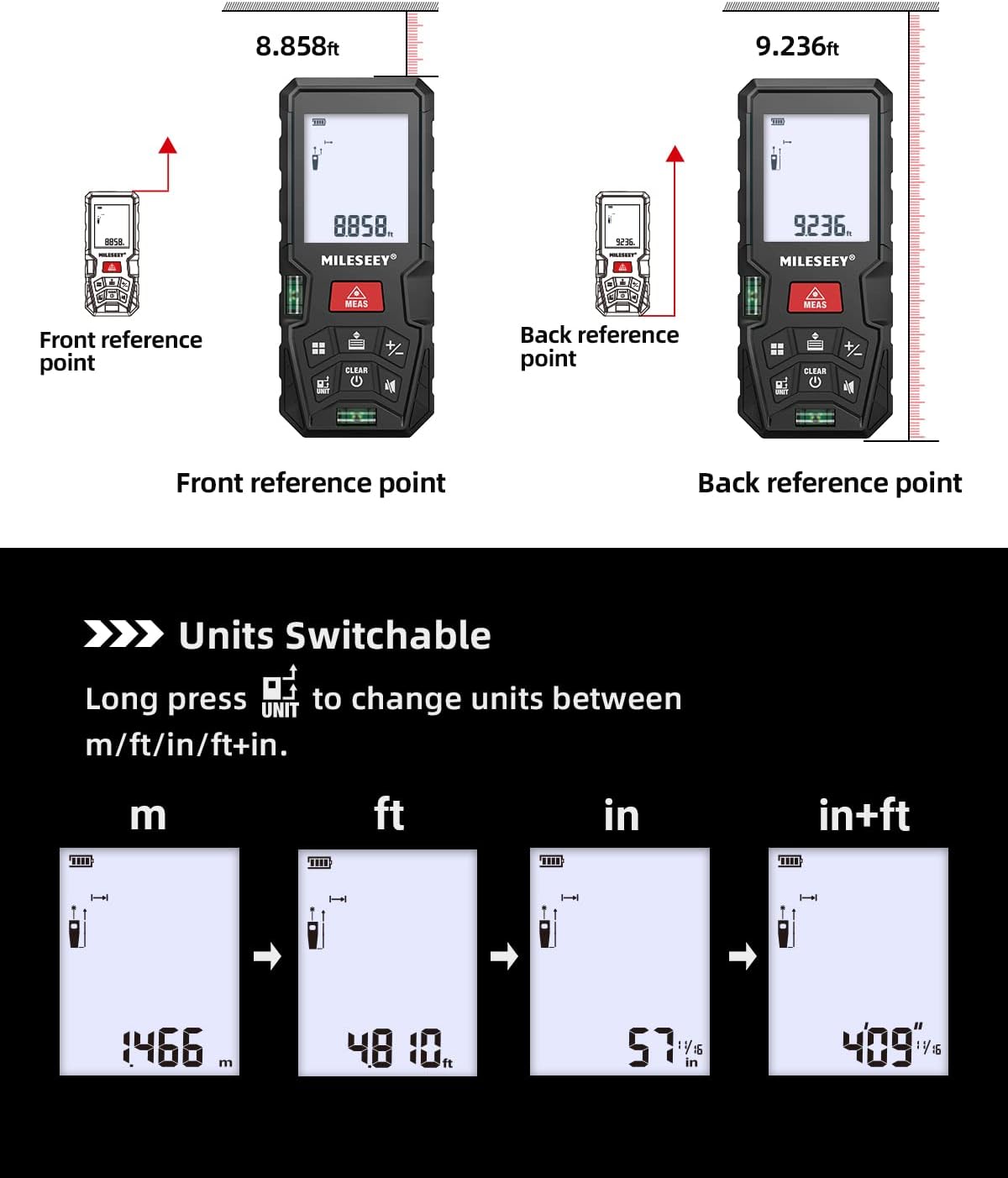 Laser-Entfernungsmesser 100 m, MiLESEEY Lasermessgerät mit 2 Wasserwaagen, ±2 mm Genauigkeit, 2 Zoll LCD-Hintergrundbeleuchtung, M/In/Ft/Ft+In-Einheiten, Flächen-/Volumenberechnung, IP54 – Bild 5