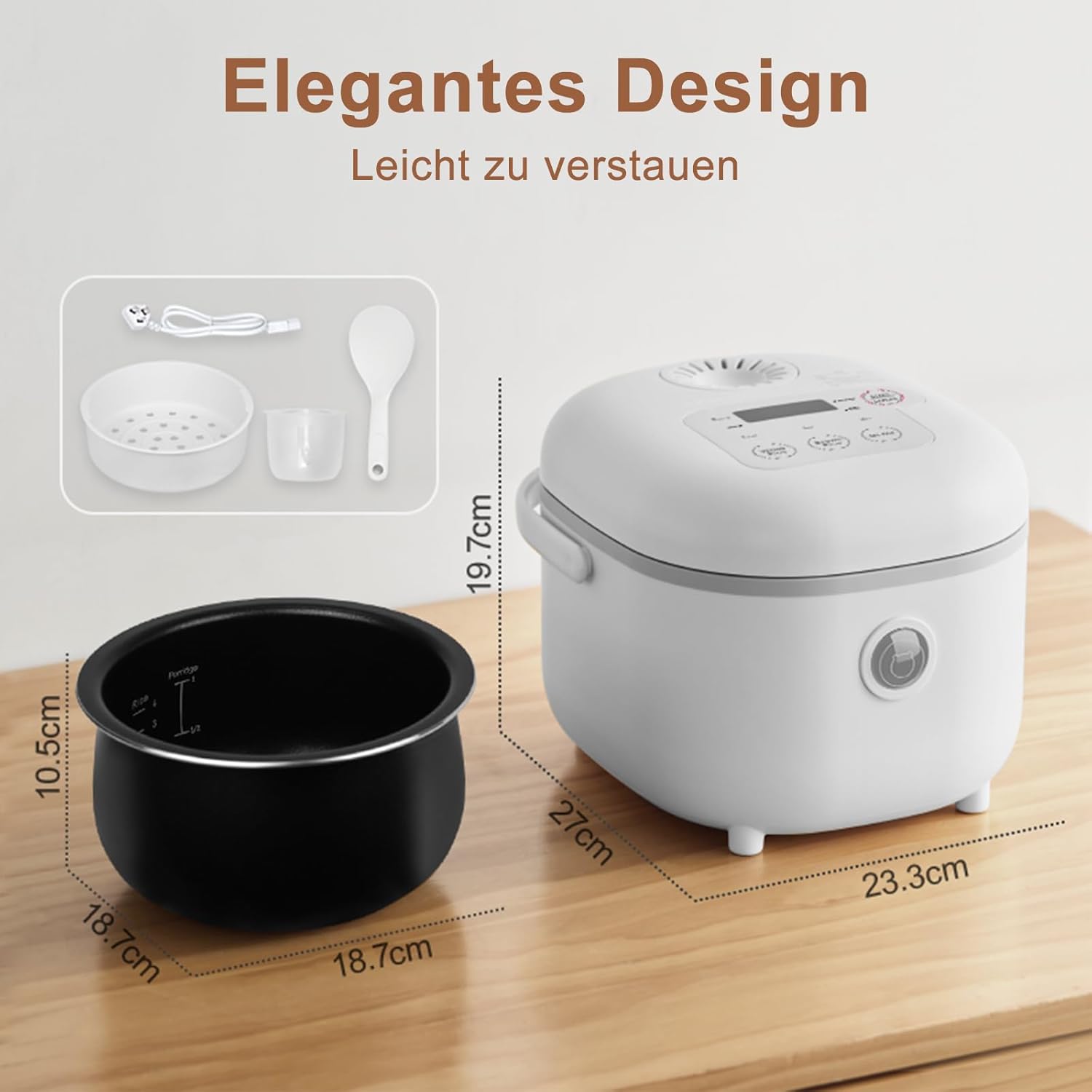 Bear Reiskocher 4 Tassen (ungekocht) mit Dampfgarer, multifunktionaler 350 W elektrischer Reiskocher Mini, 6 Reiskochfunktionen für 2–4 Personen, Weiß – Bild 4