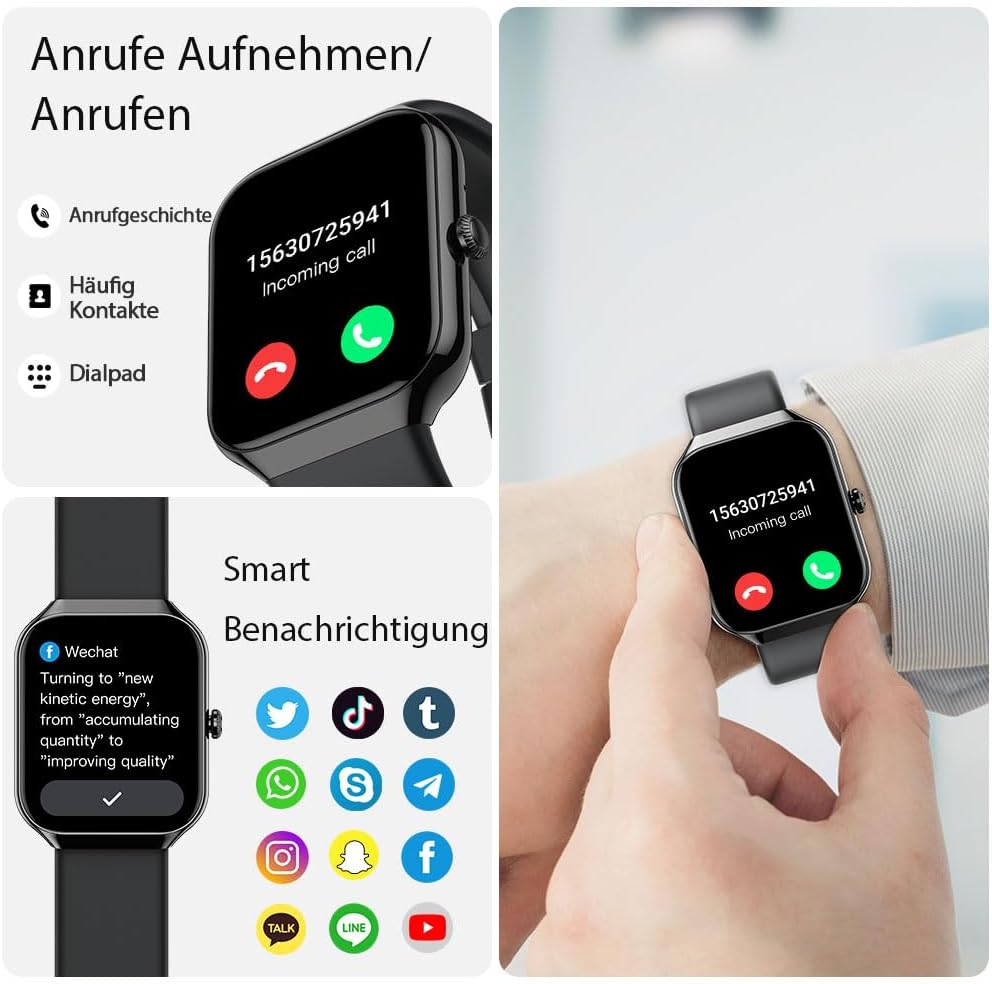 Motast 2026 Smartwatch Damen Herren, 1,96 Zoll Smartwatch, Telefonfunktion, 115+ Sportmodi, Schrittzähleruhr, Herzfrequenz/SpO2/Schlafmonitor, Fitnessuhr, IP68 wasserdichte Sportuhr für Android iOS – Bild 5